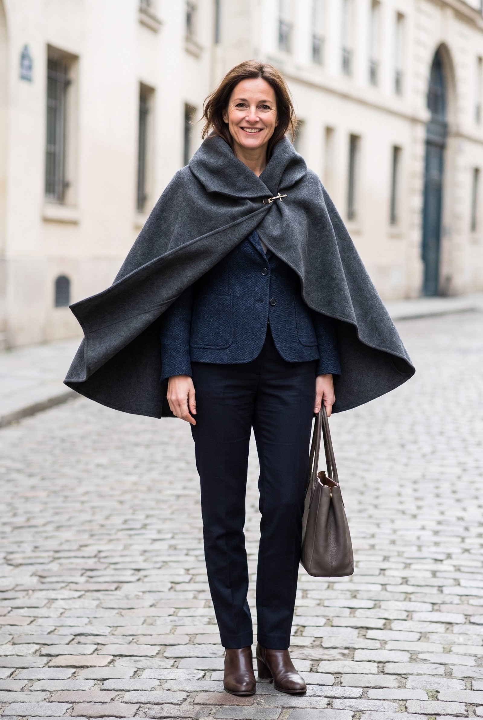 Wear a Cape Over a Fitted Jacket Instead of a Thick Sweater