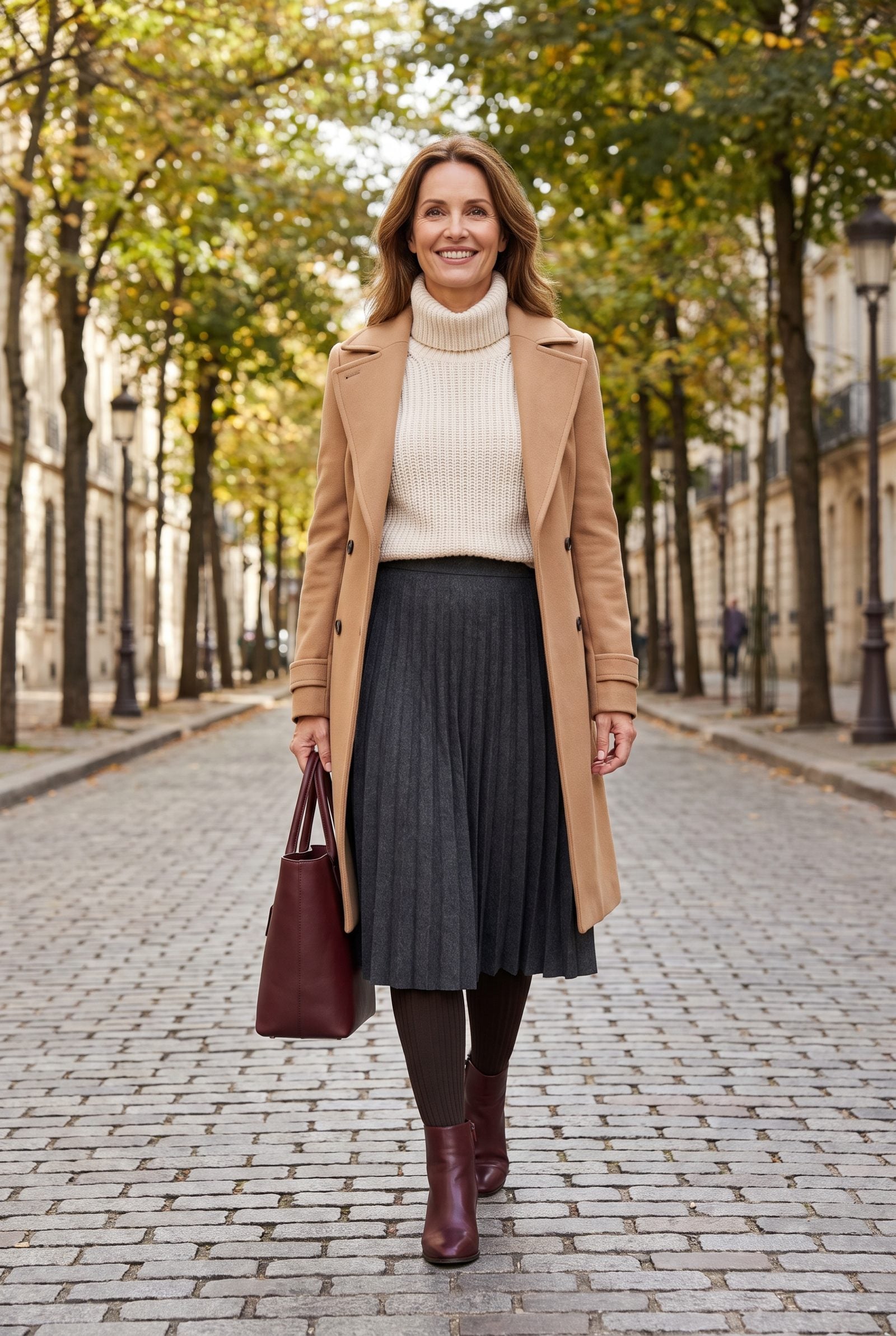 Wear Heat-Retaining Tights Under a Midi Skirt