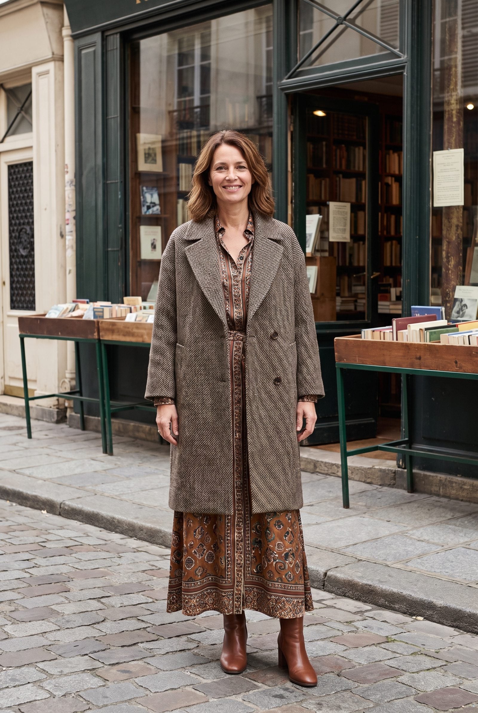 Woman in a floor-length navy satin dress under a boxy oatmeal wool coat ending at mid-calf, showing the dress hem below.