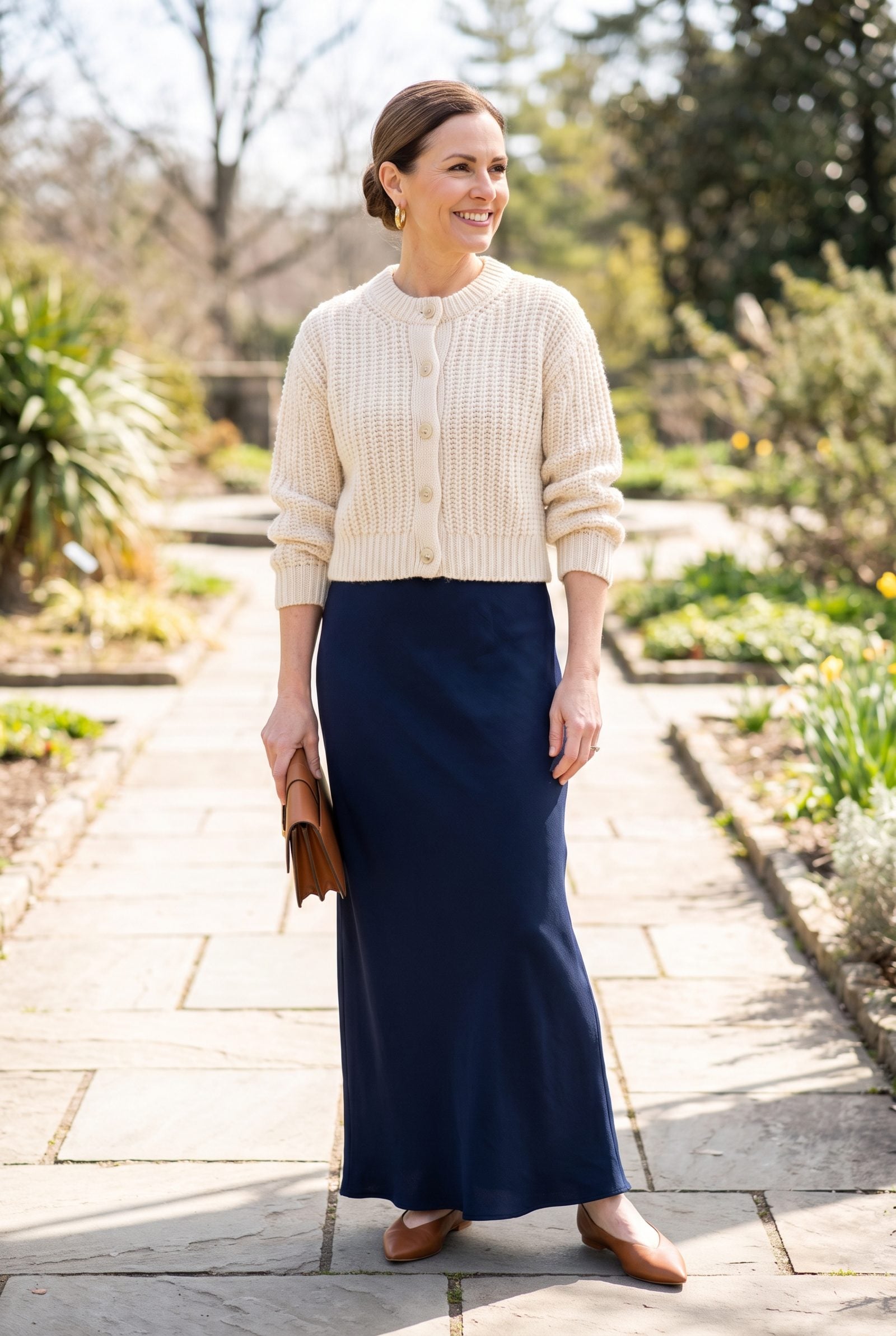 Woman in a floor-length slate satin column dress with a short cream cropped cardigan cutting across the torso at the ribcage.