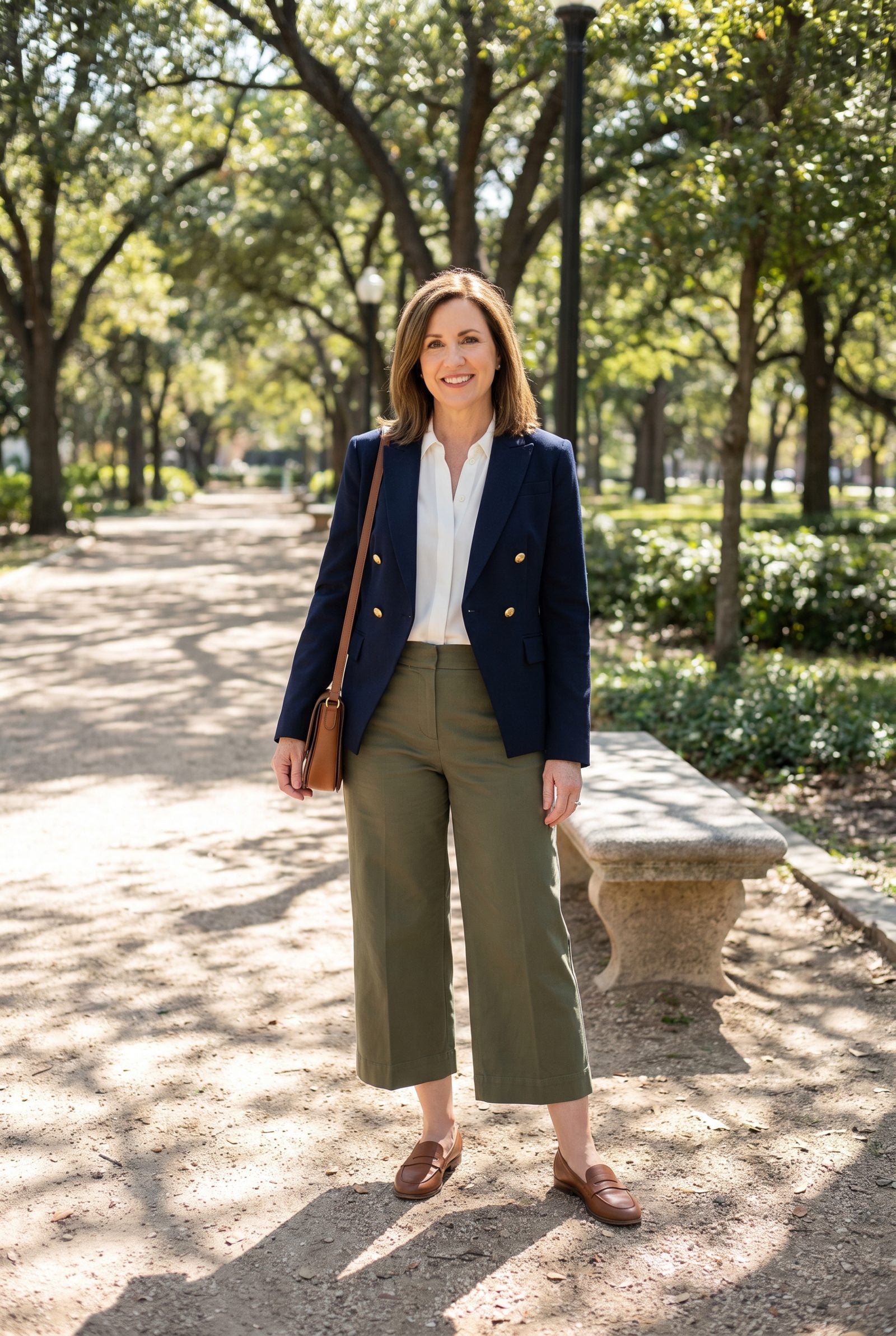 Woman in a navy blazer and cropped olive trousers that end at the widest part of the calf with nude flats.