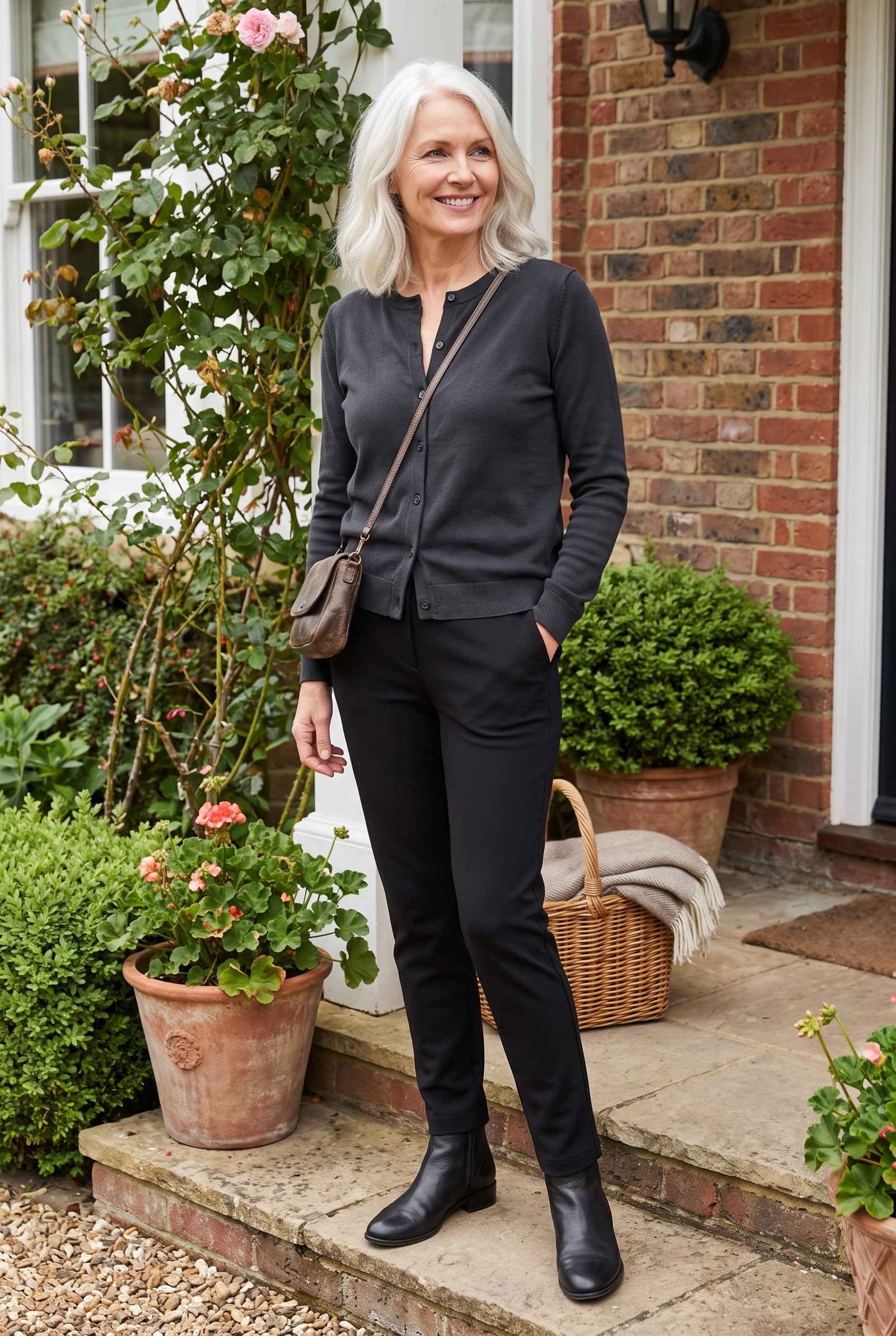 Woman in a faded charcoal cardigan with true-black trousers and ankle boots.