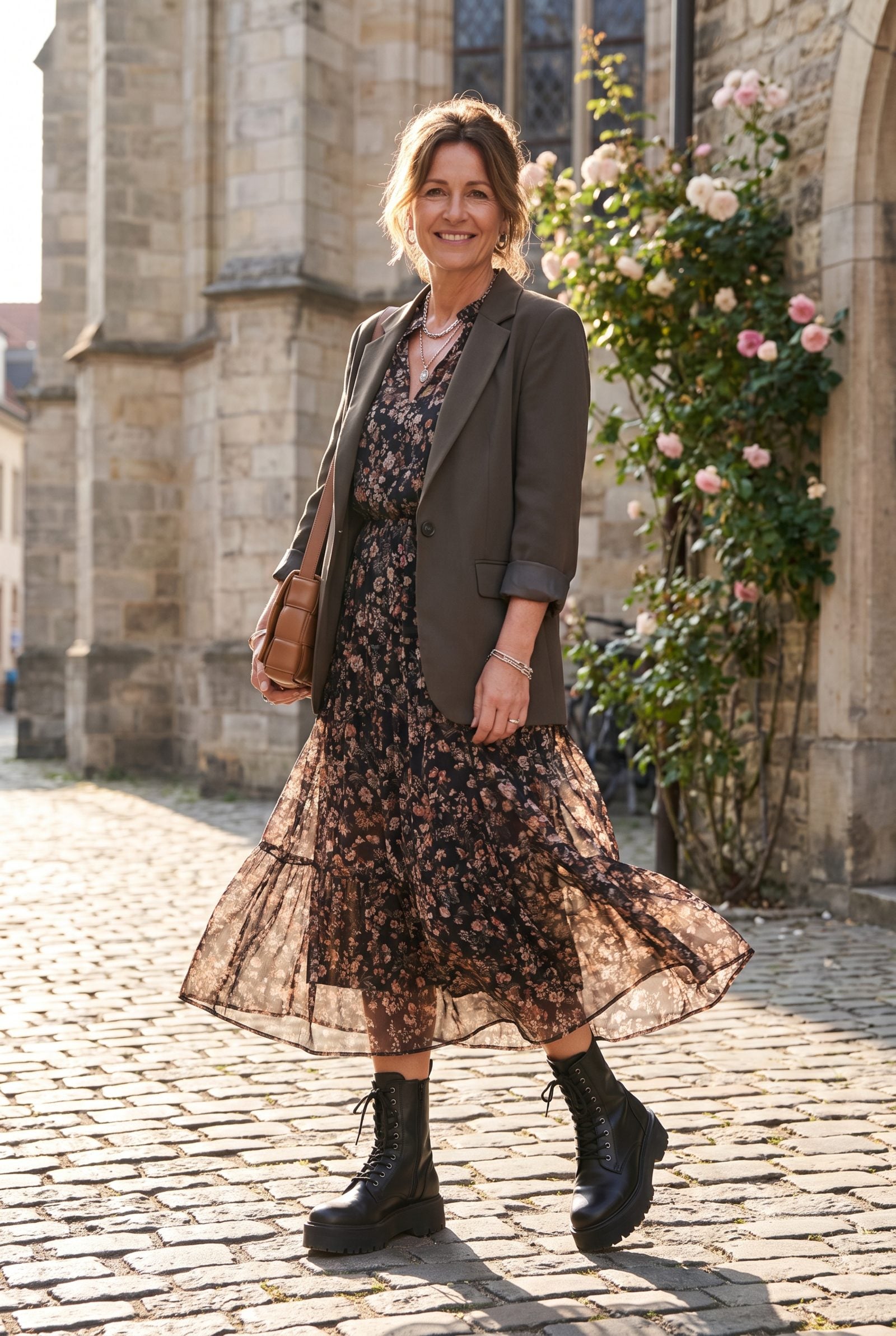 Woman in a blush chiffon dress wearing heavy black block-heel shoes with thick rounded toes and a chunky sole.