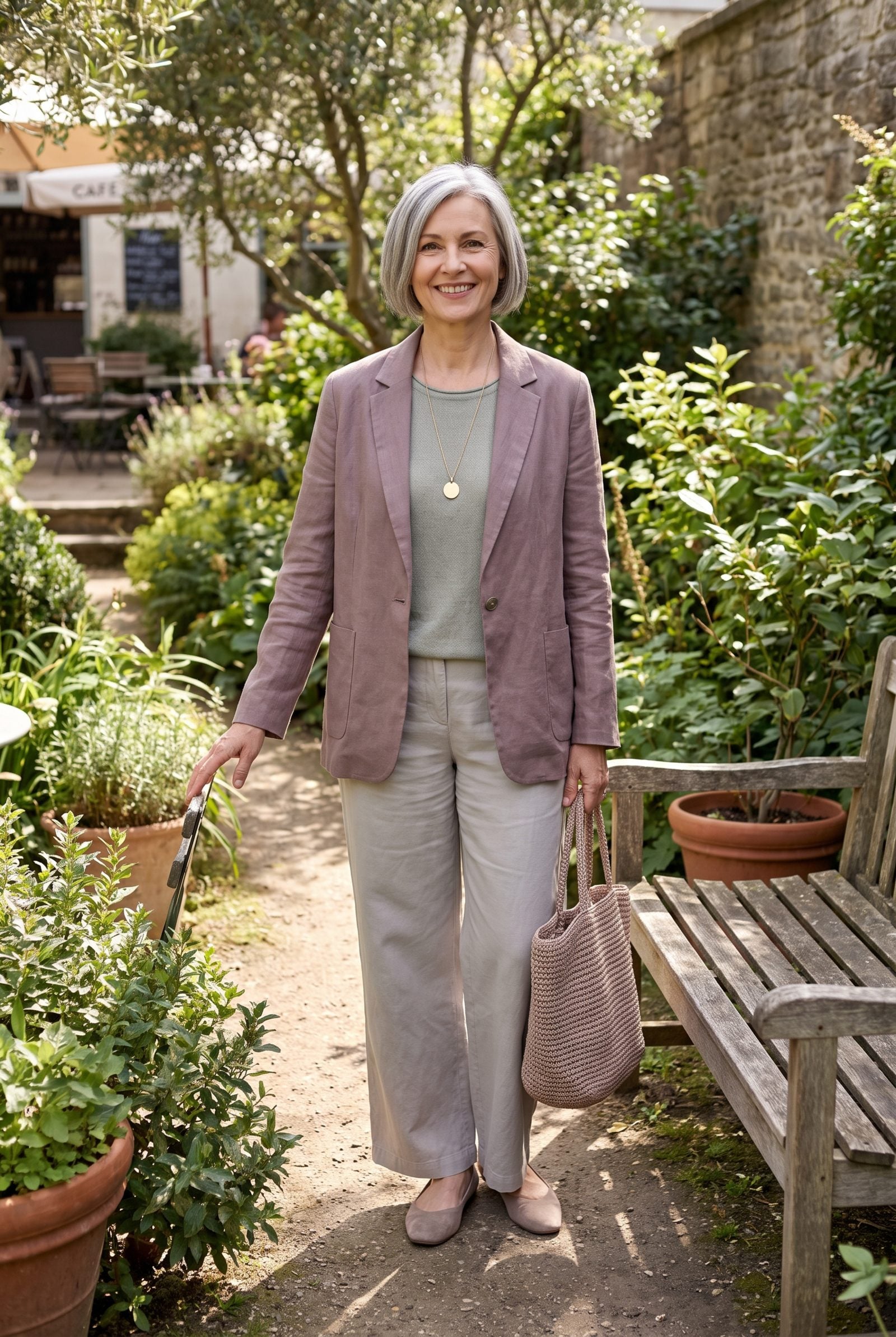 Woman in head-to-toe dusty mauve, sage and grey-beige with suede flats.