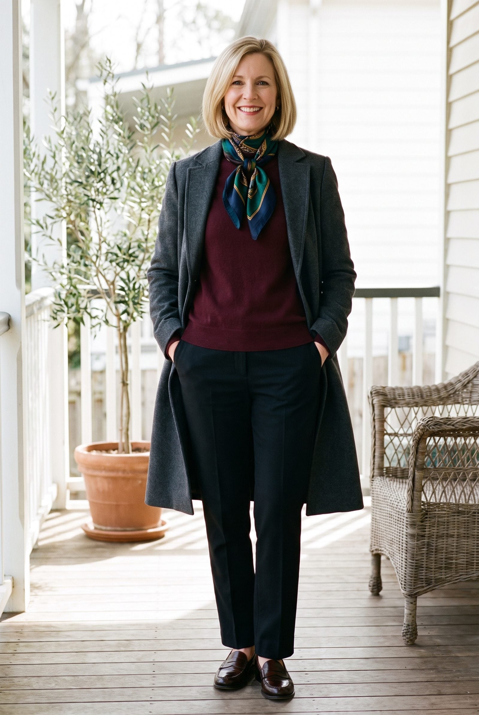 Woman in a grey coat and burgundy sweater with a silk scarf knotted tightly under her chin.