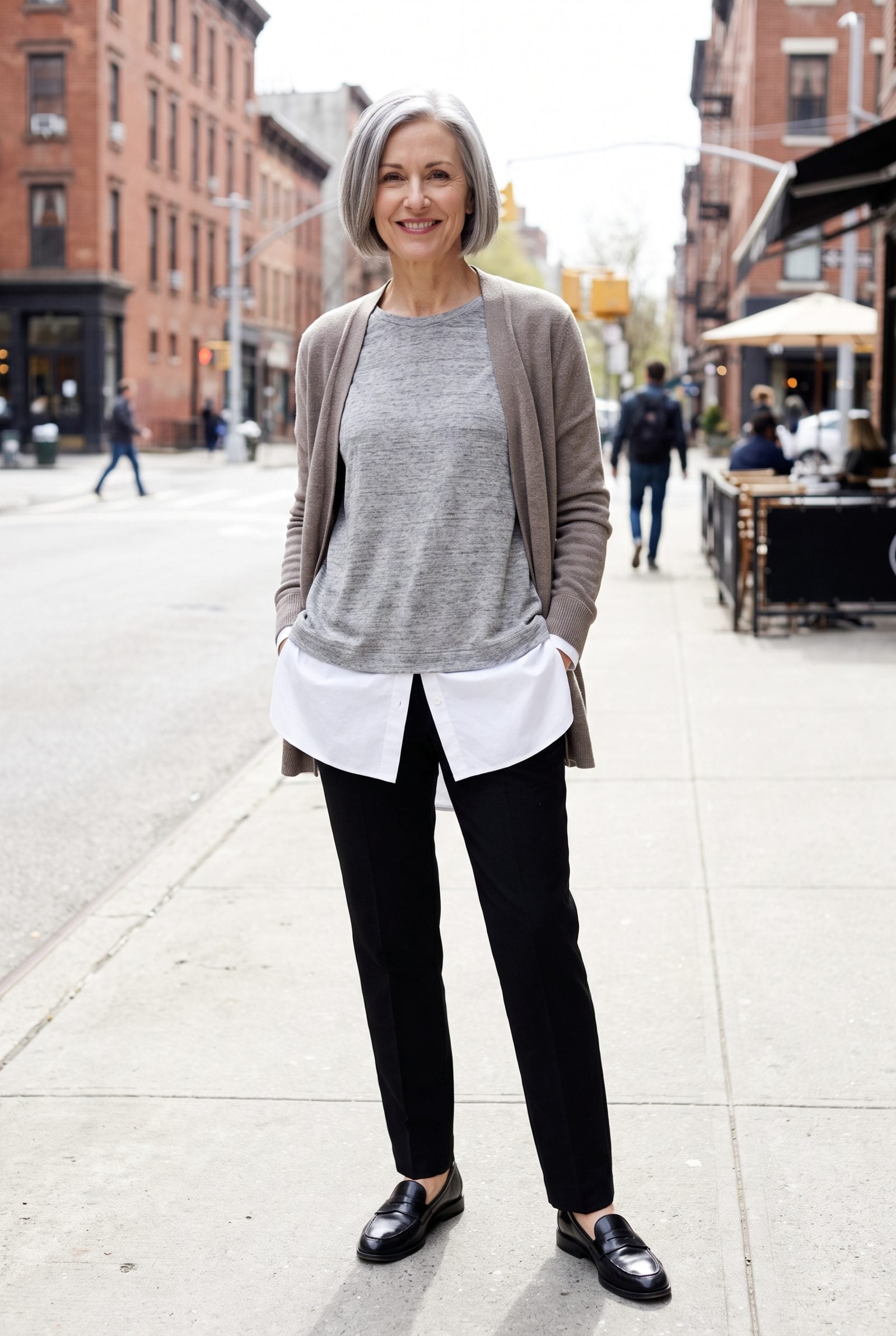 Woman in three loose layers all ending at the hip over black trousers and loafers.