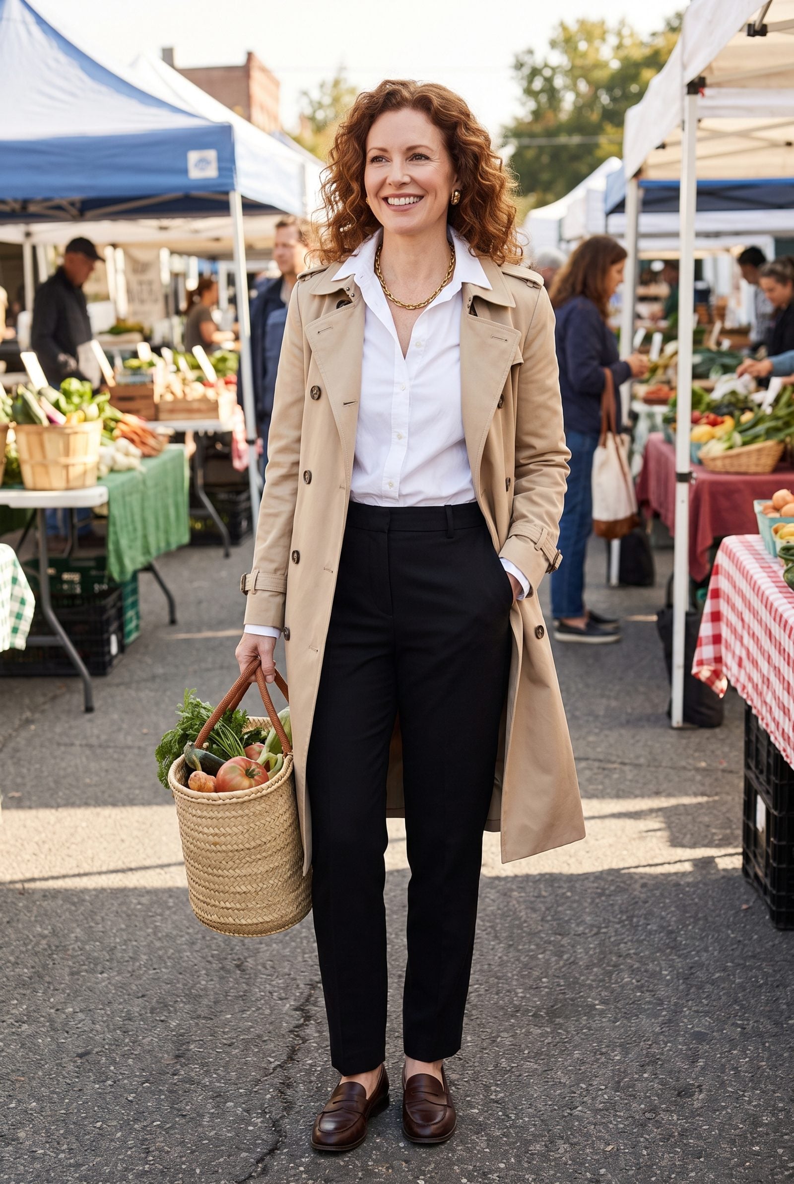 Woman in a white poplin shirt and black trousers wearing a dulled gold-tone chain and earrings.