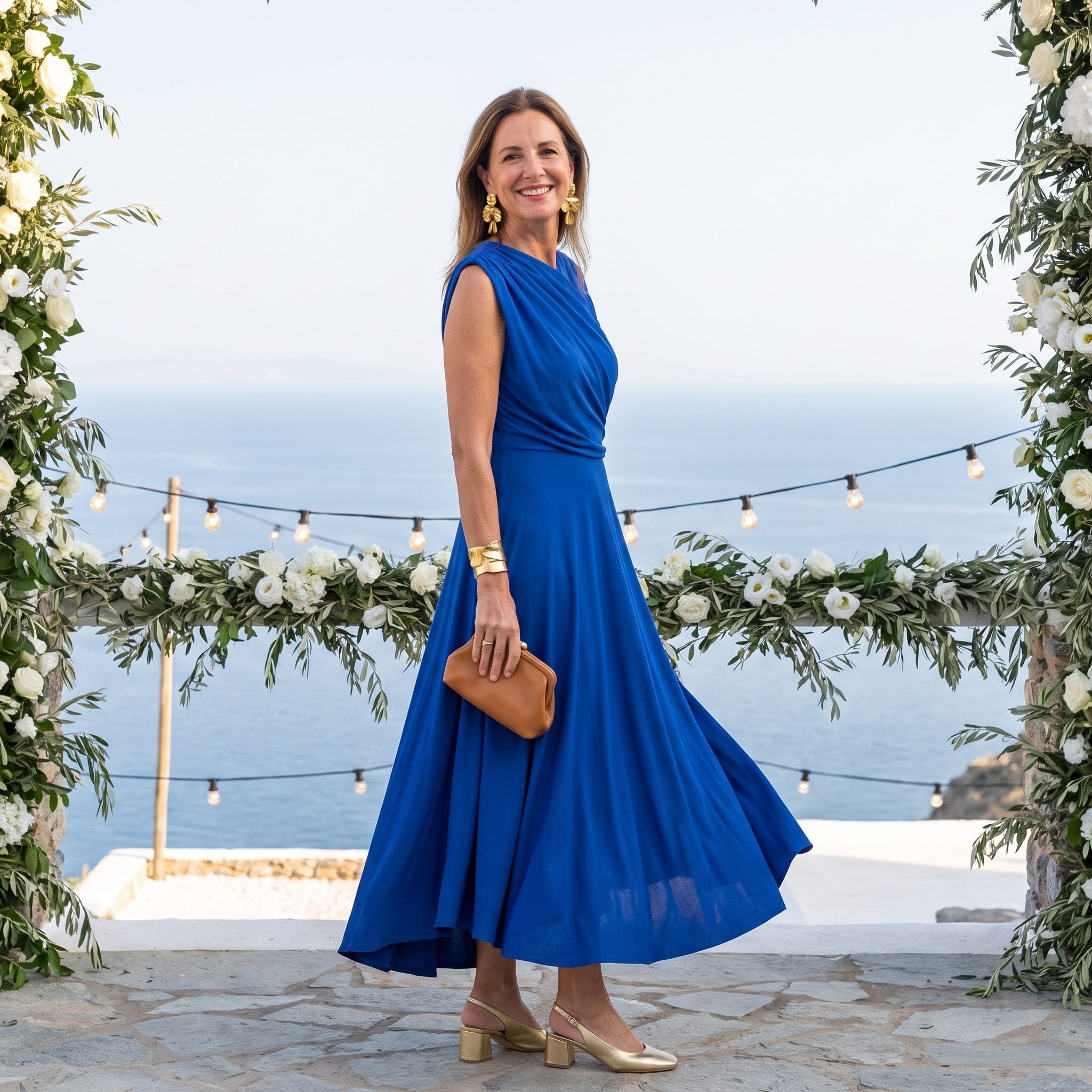 Sculptural cobalt wedding guest dress without the ceremony blazer