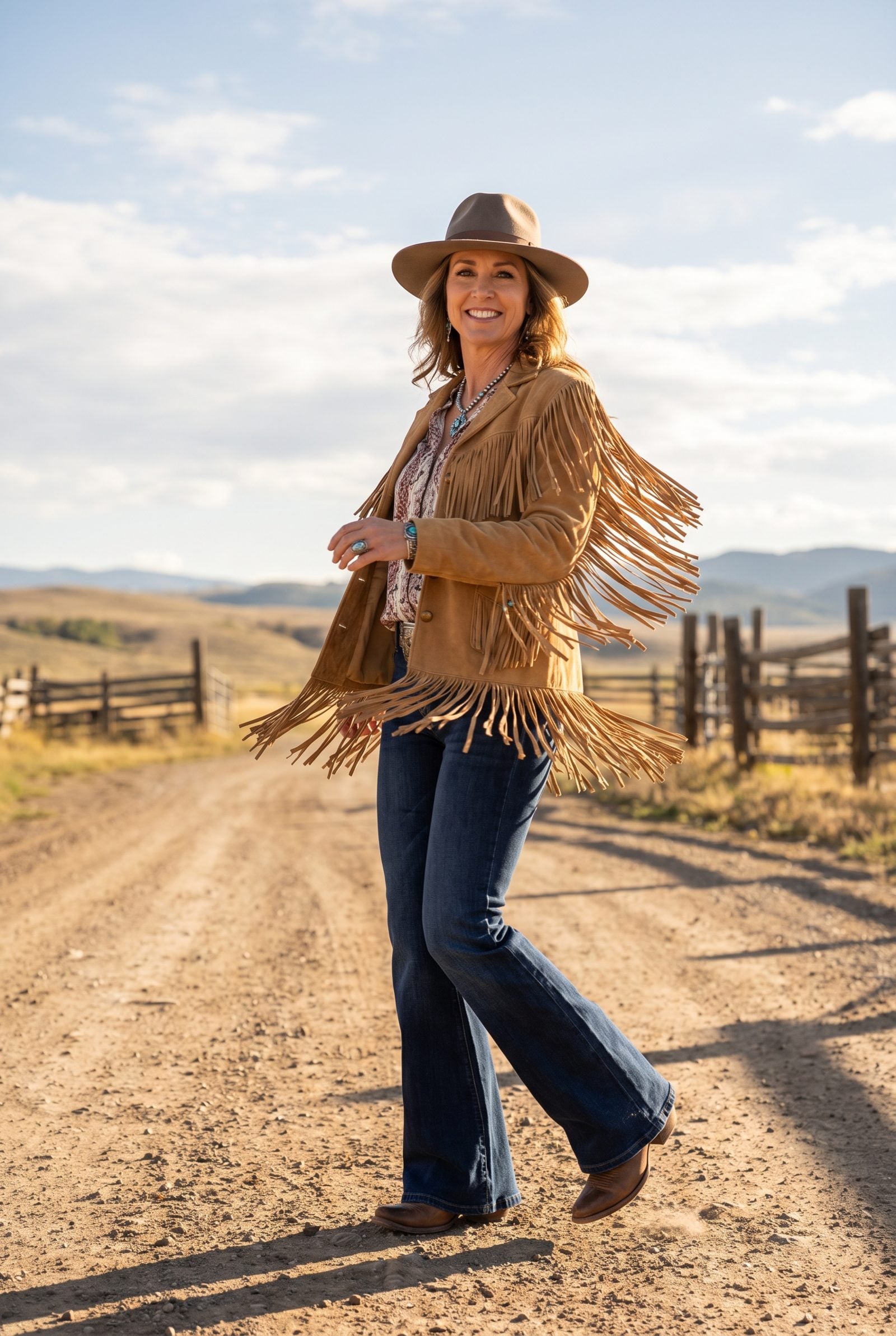 Western Suede Fringe Jacket With Dark Flared Jeans