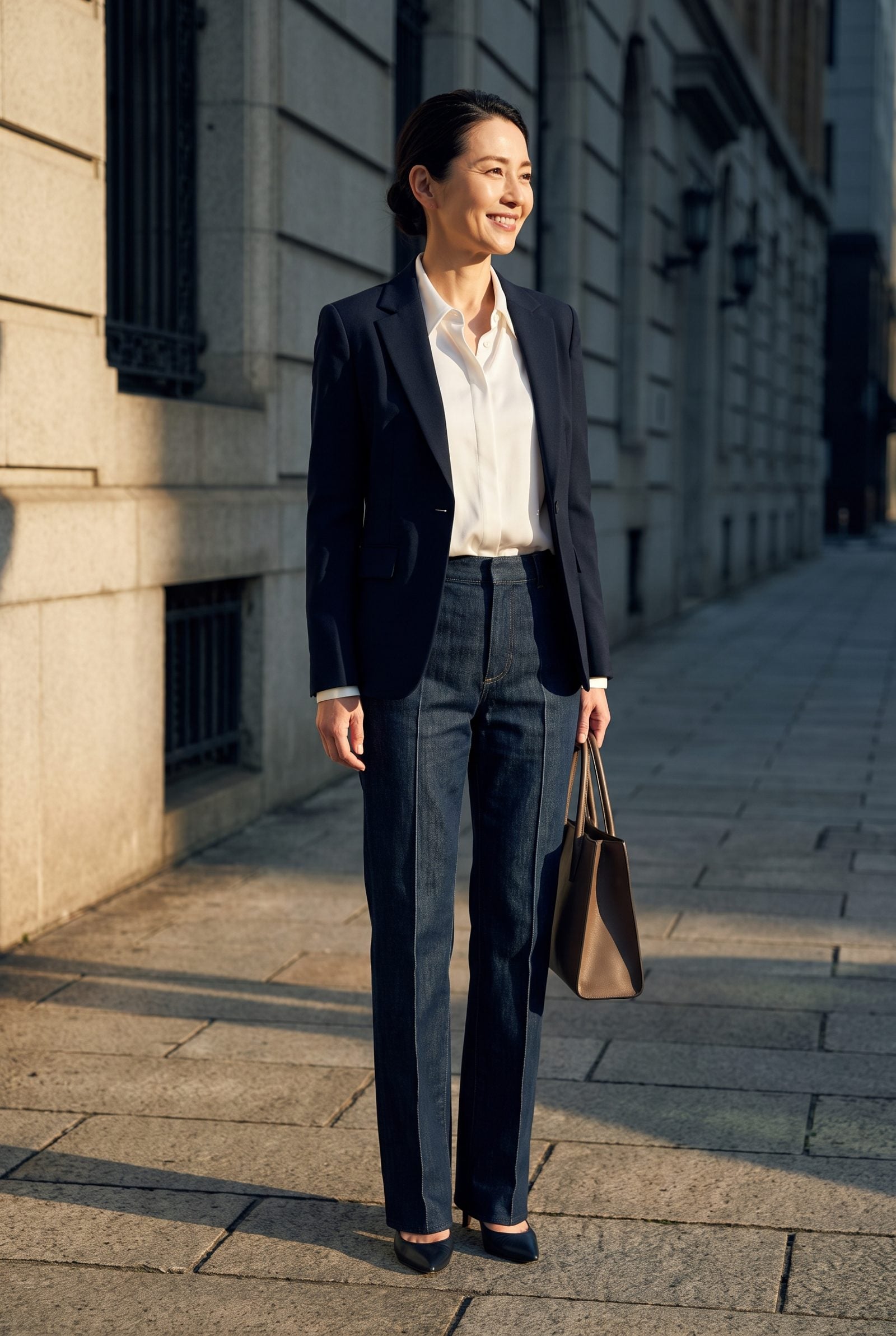 Woman on a stone step wearing dark jeans with a pressed front crease, a tucked blouse and heels.