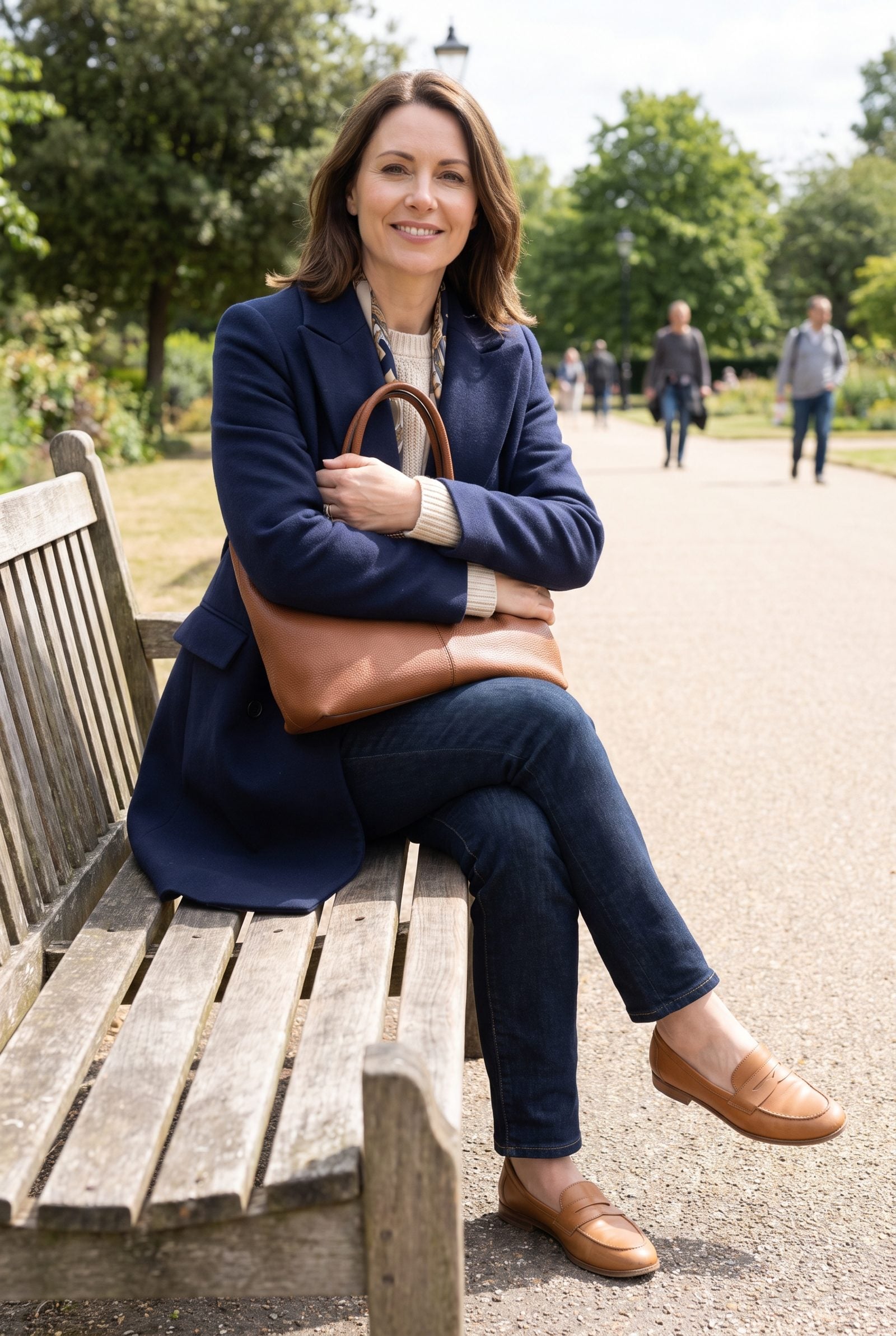 Woman on a sidewalk holding a charcoal leather handbag flat against her chest with both hands.
