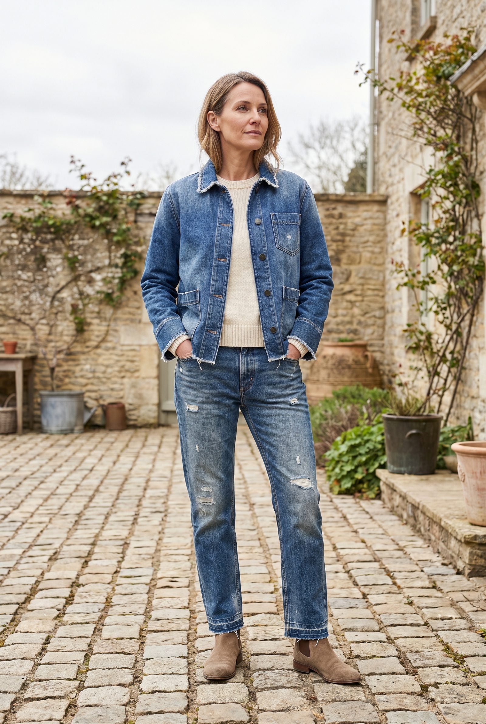 Mid-blue distressed jeans draped over a wooden garden bench showing two frayed horizontal tears across one knee.