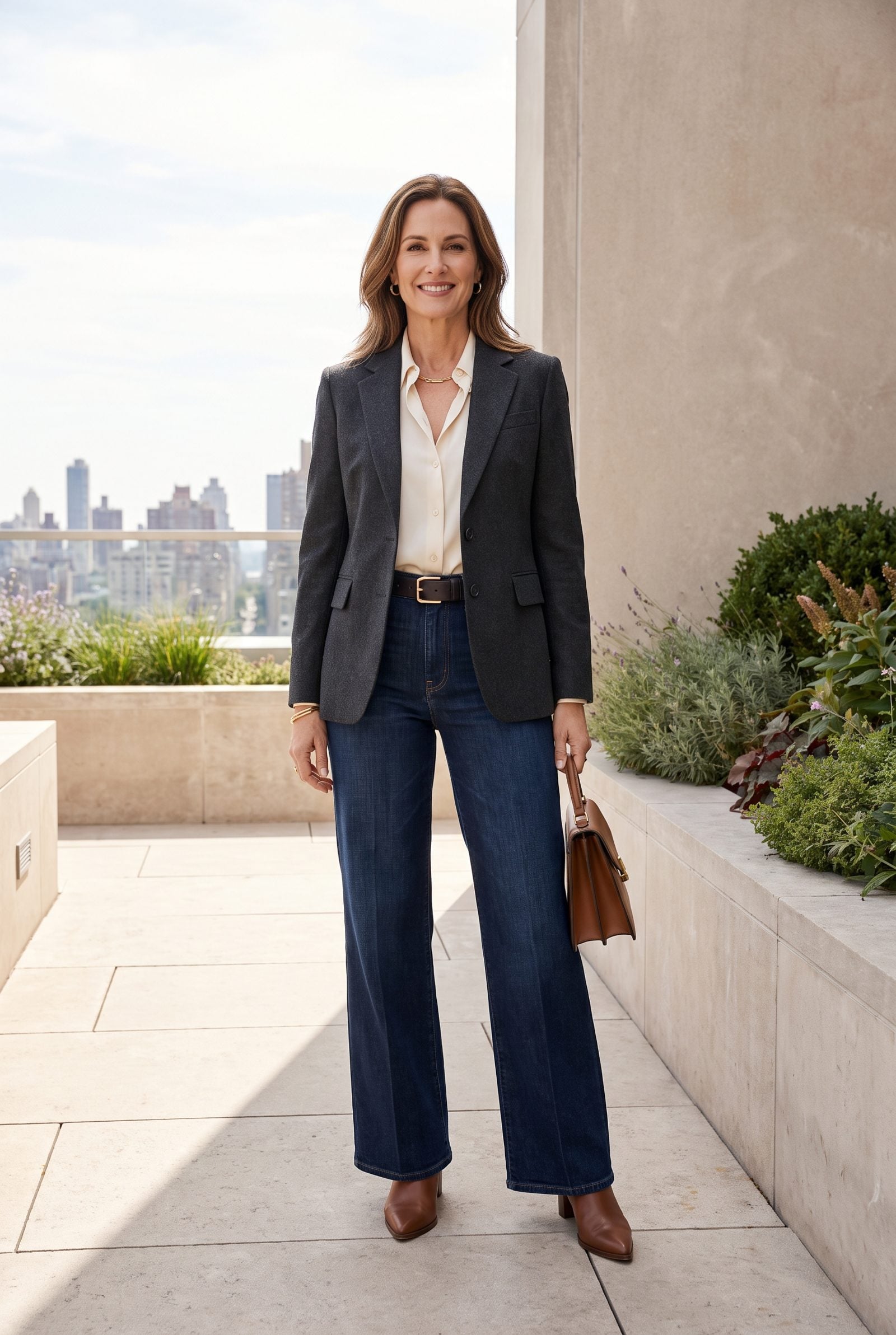 Woman on a residential street wearing high-rise medium-wash jeans with the waistband at her natural waist and a half-tucked
