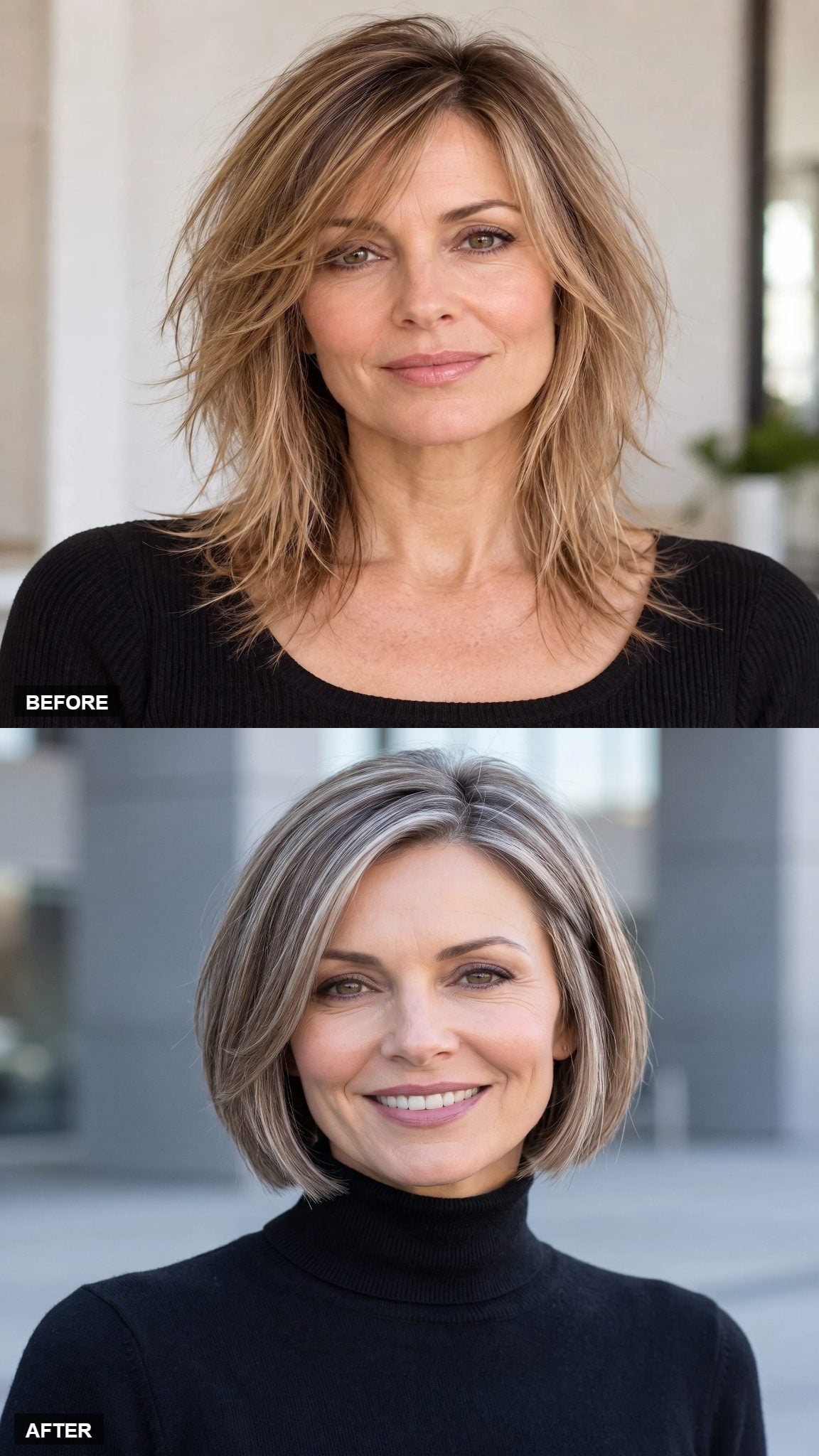 Salt-and-Pepper Bob, Turtleneck Black, and the Color That Finally Let the Cut Breathe