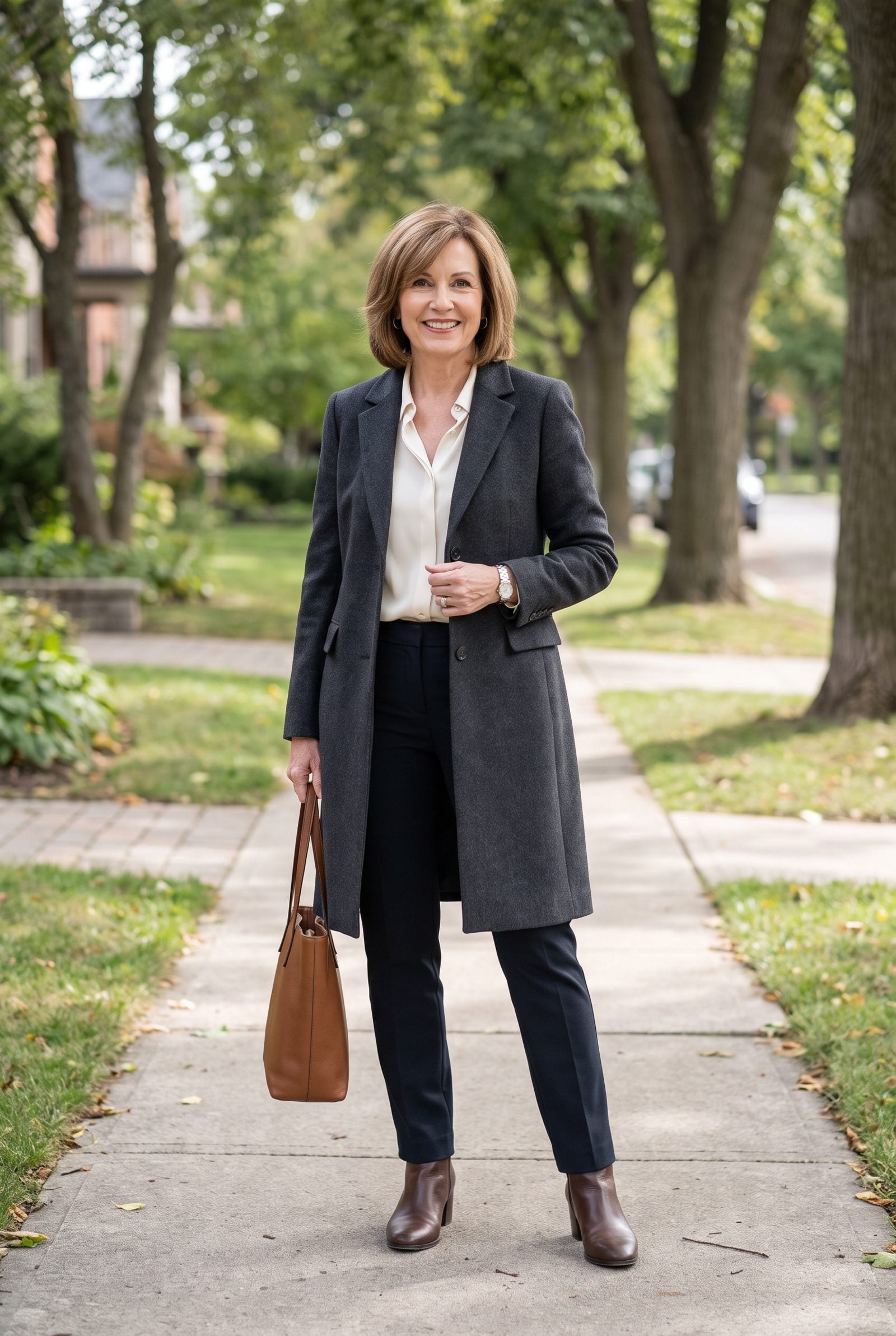 Woman aged 60 to 68 outdoors with a classic chin-length one-length bob and a centre part, wearing a camel coat.
