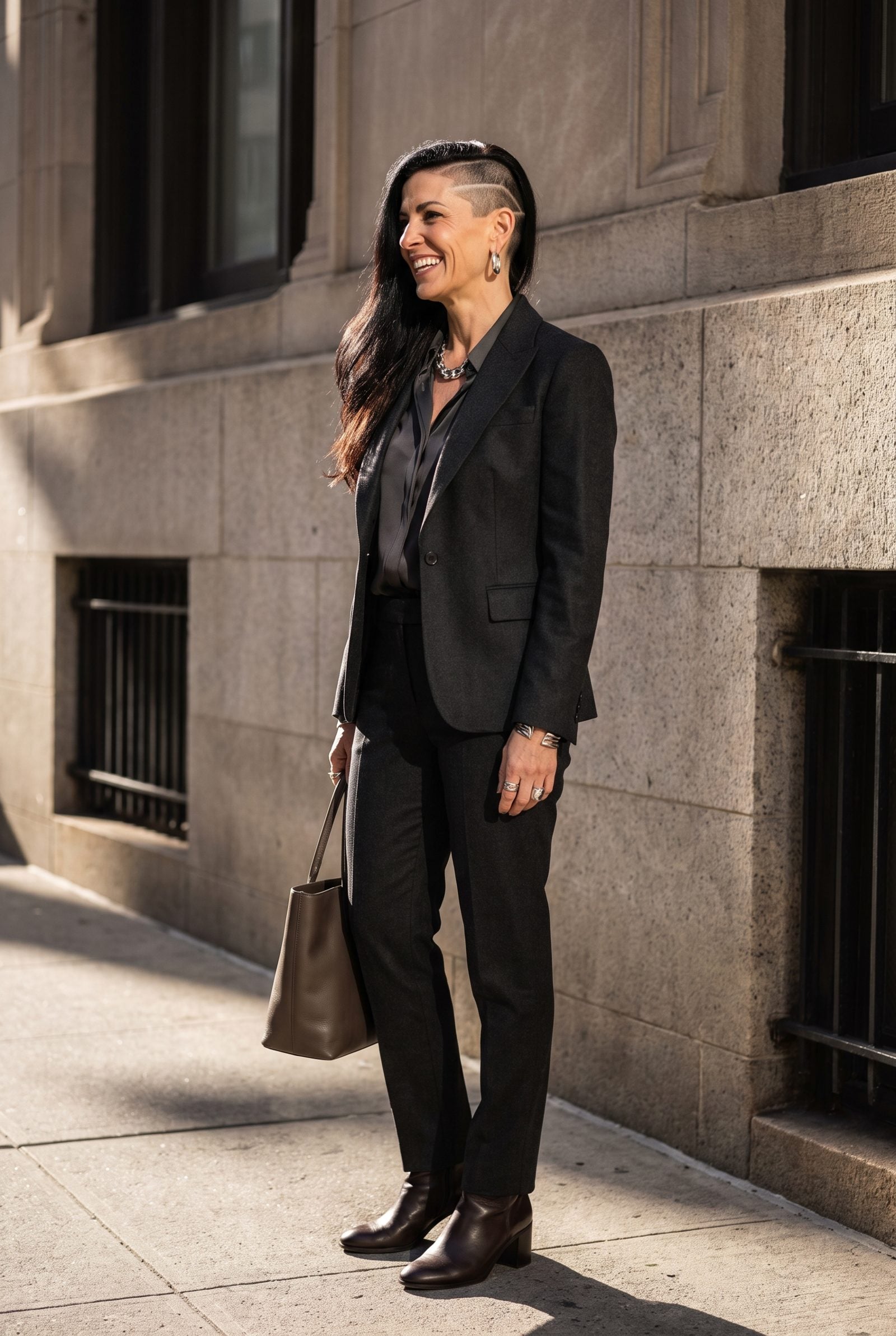 Woman aged 55 to 60 on a sidewalk with one side of her head shaved close and the top swept to the opposite side.