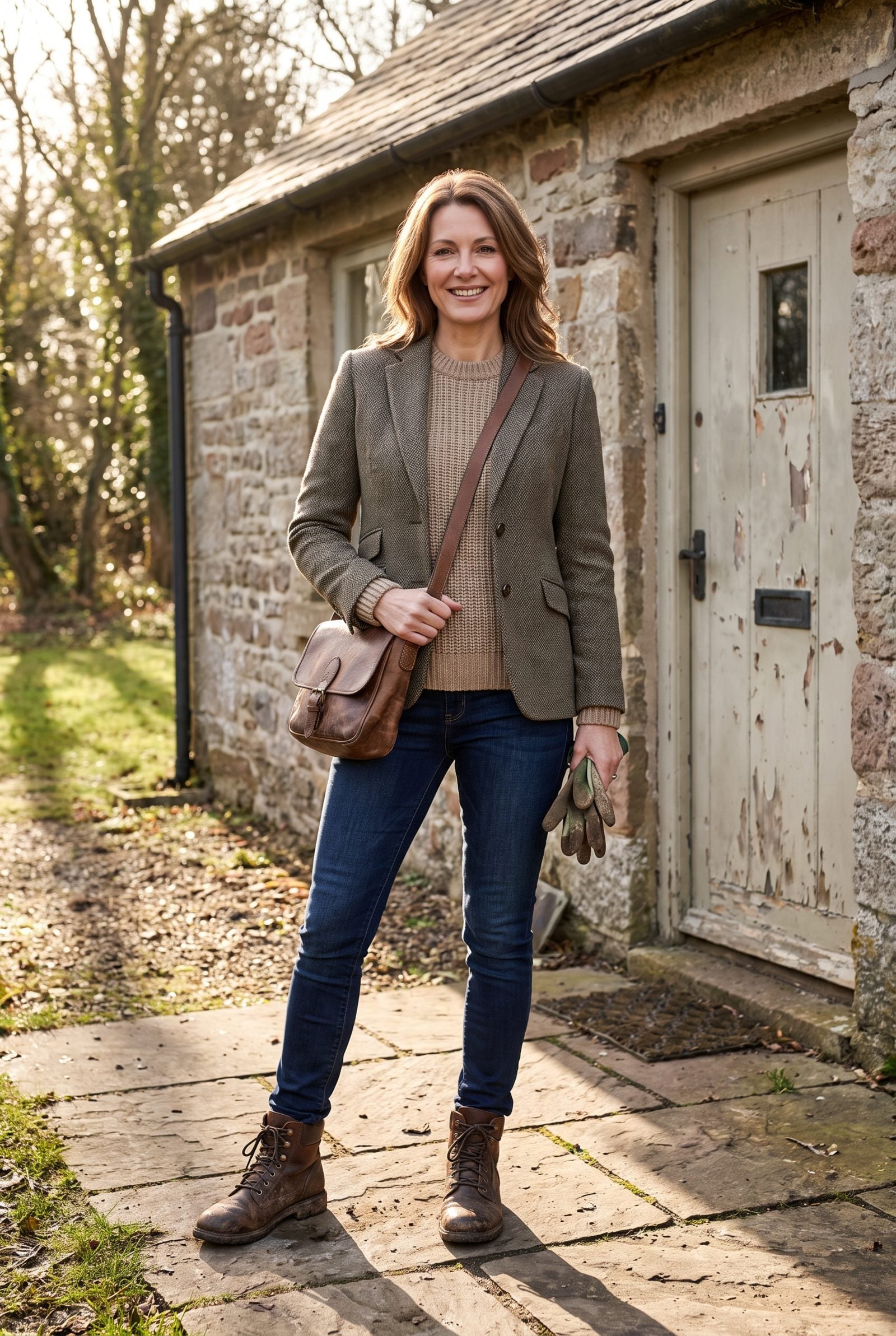 Entryway mat with one pair of brown leather boots worn down at the heels and cracked across the toe.