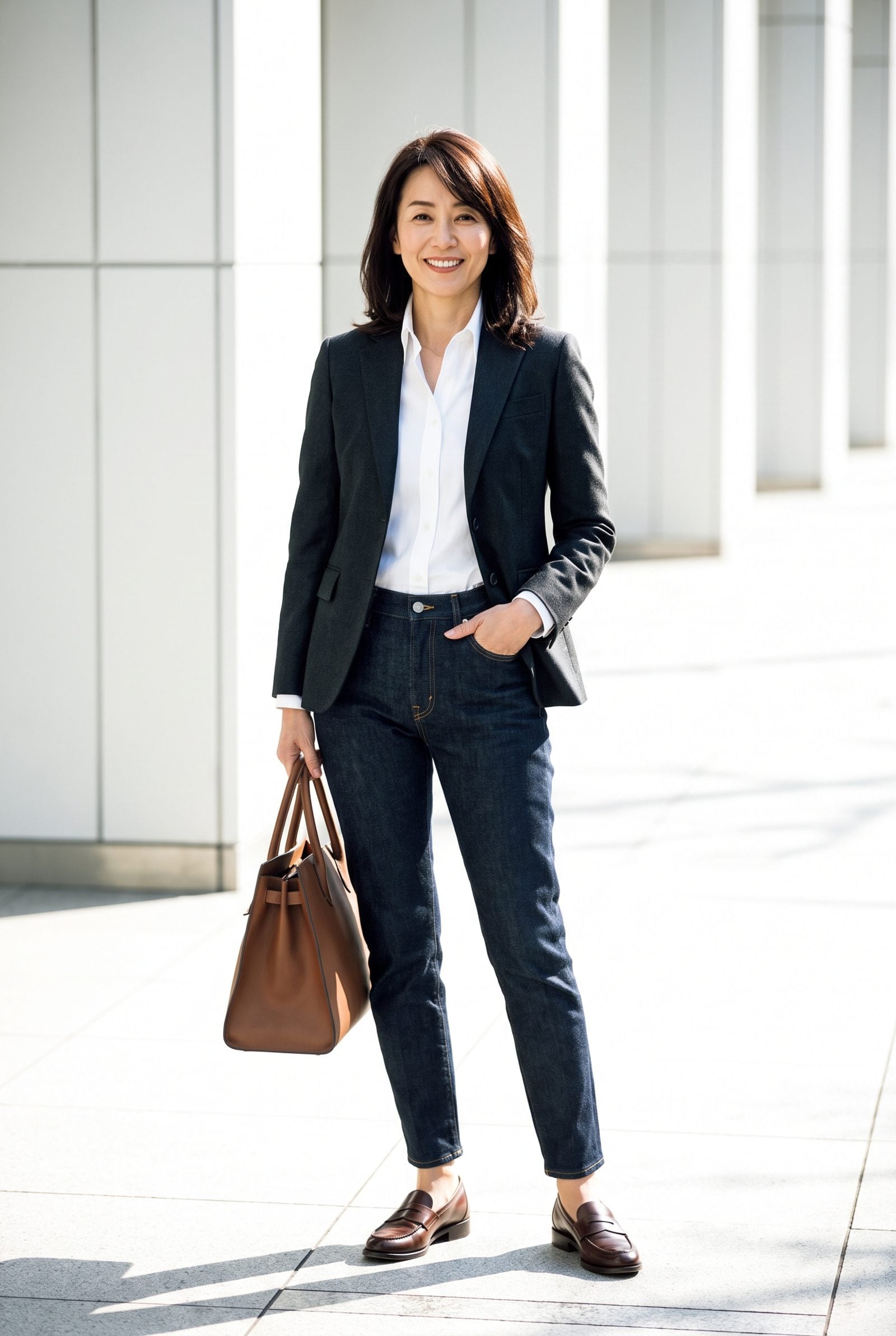 Woman on a brick street in a tapered-ankle dark jean that narrows at the hem above a pointed flat.