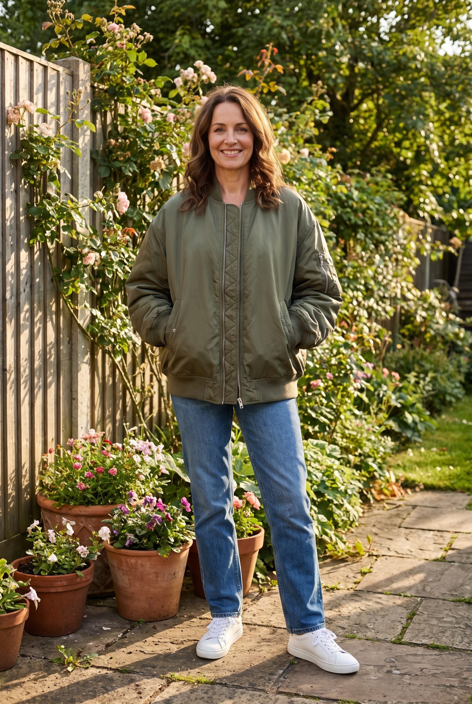Woman in a green nylon bomber jacket with ribbed cuffs standing in a garden.