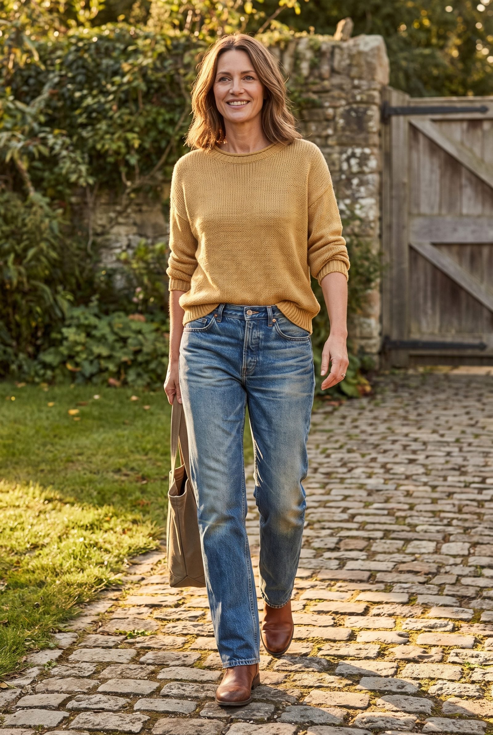 Woman beside a park bench wearing mid-blue jeans with soft whiskering fade lines across the hip and a tucked white shirt.