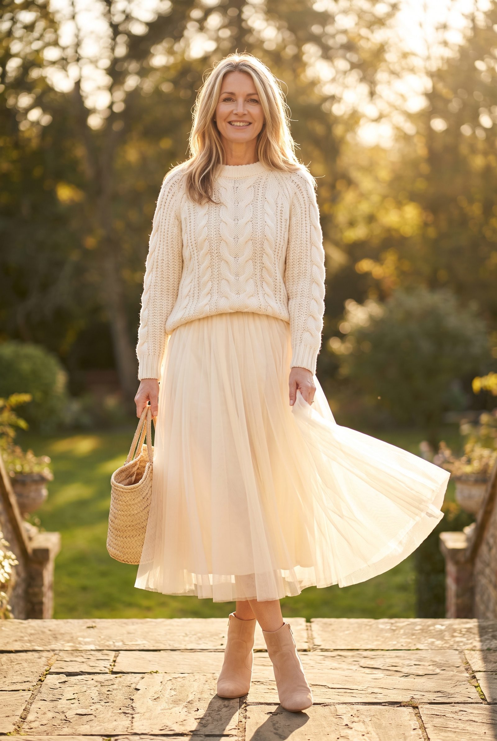 White Cable-Knit Sweater With a Cream Tulle Skirt