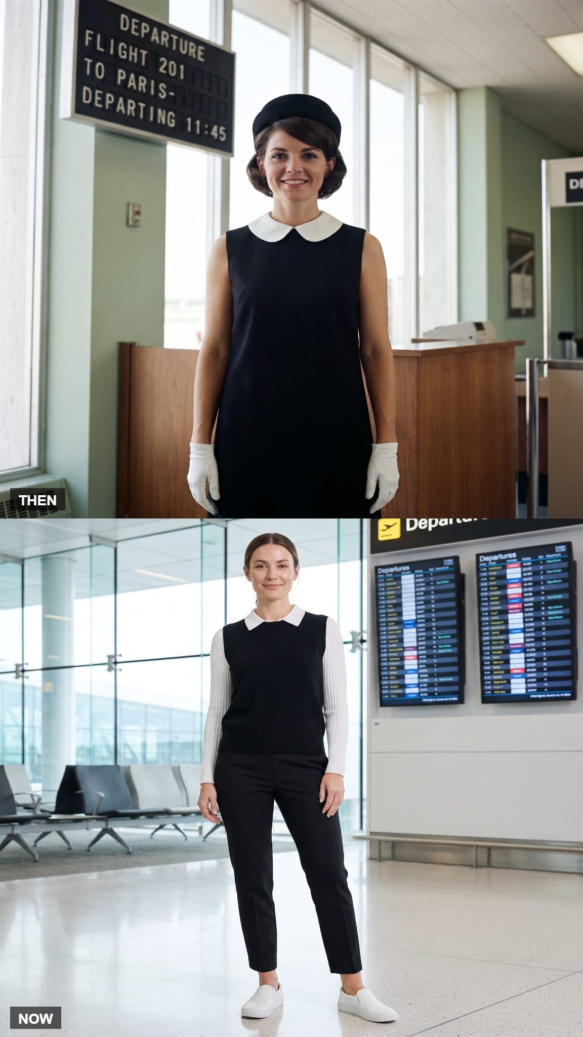 Vintage black dress with white collar compared with a modern black sweater vest and trousers