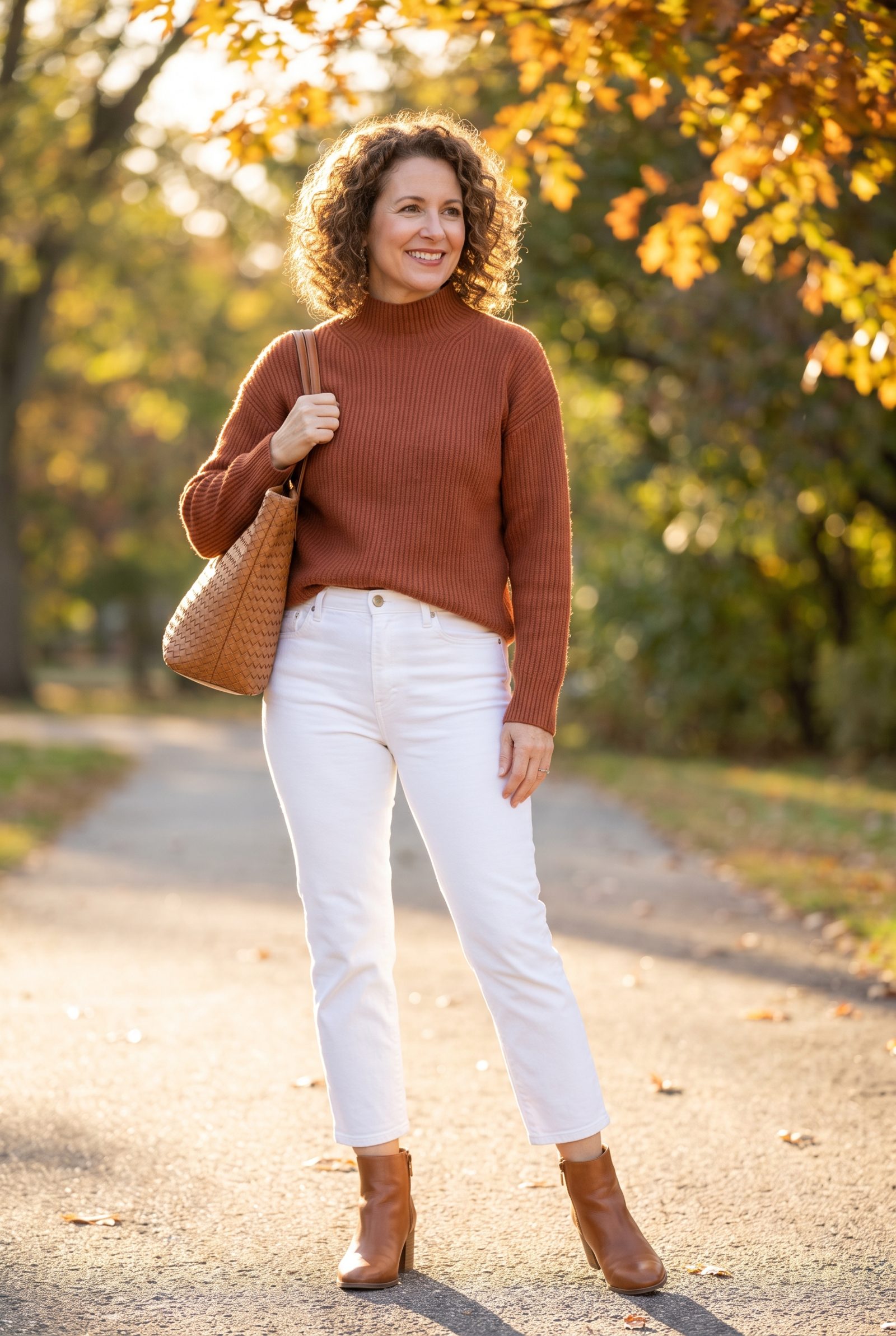White Cropped Jeans + Rust Mock Neck