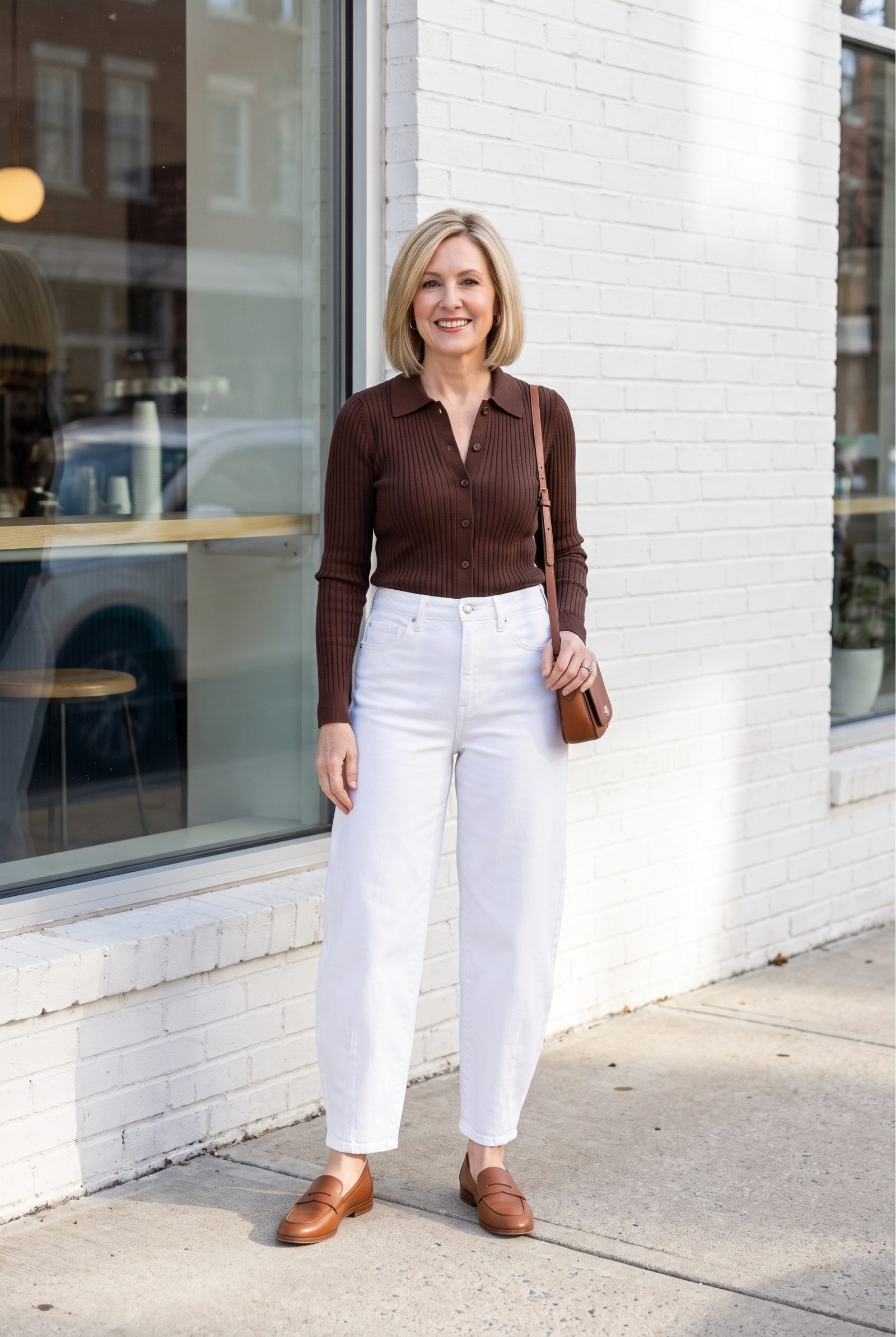 White Horseshoe Jeans + Chocolate Polo Cardigan