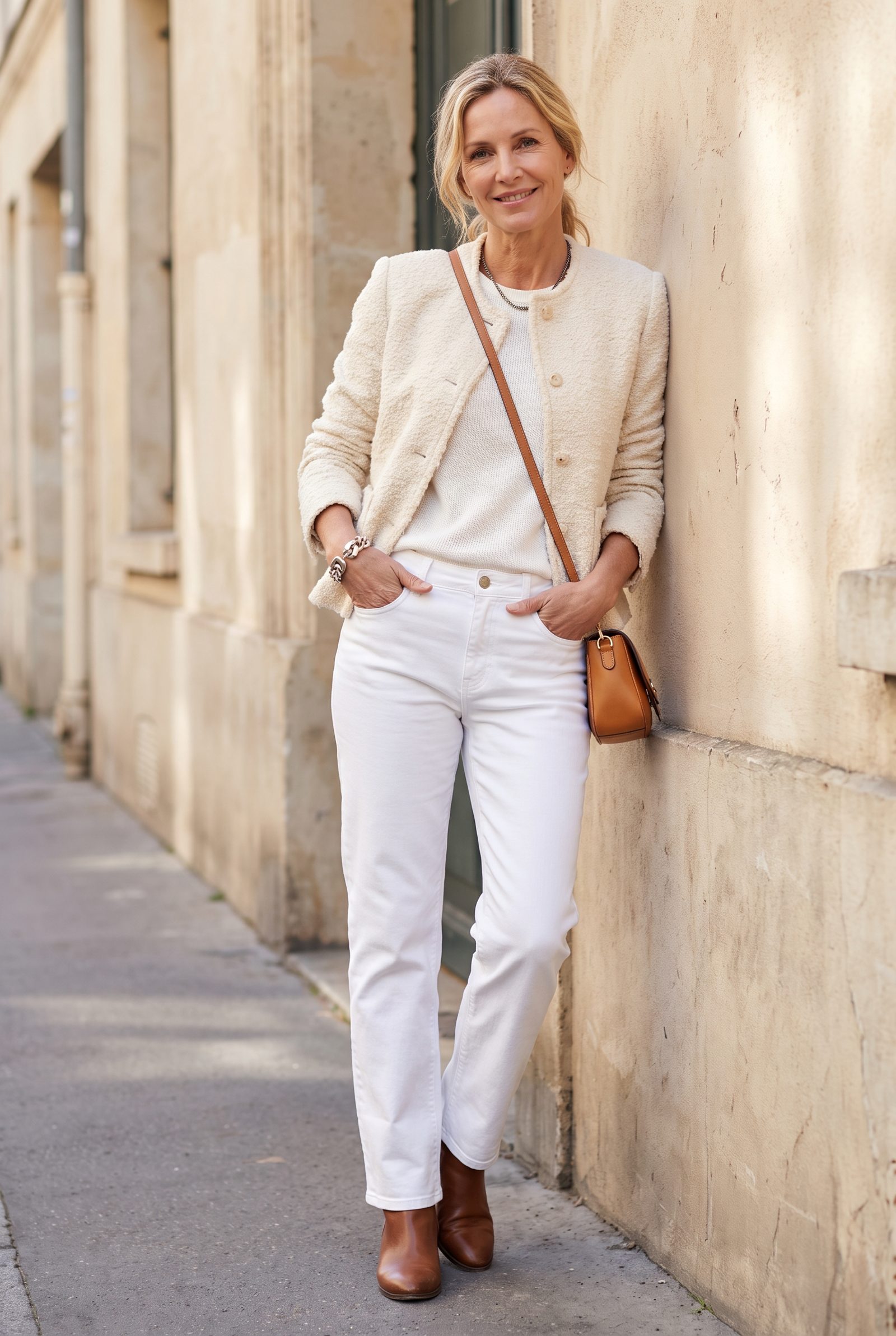 White Jeans With a Cream Bouclé Jacket