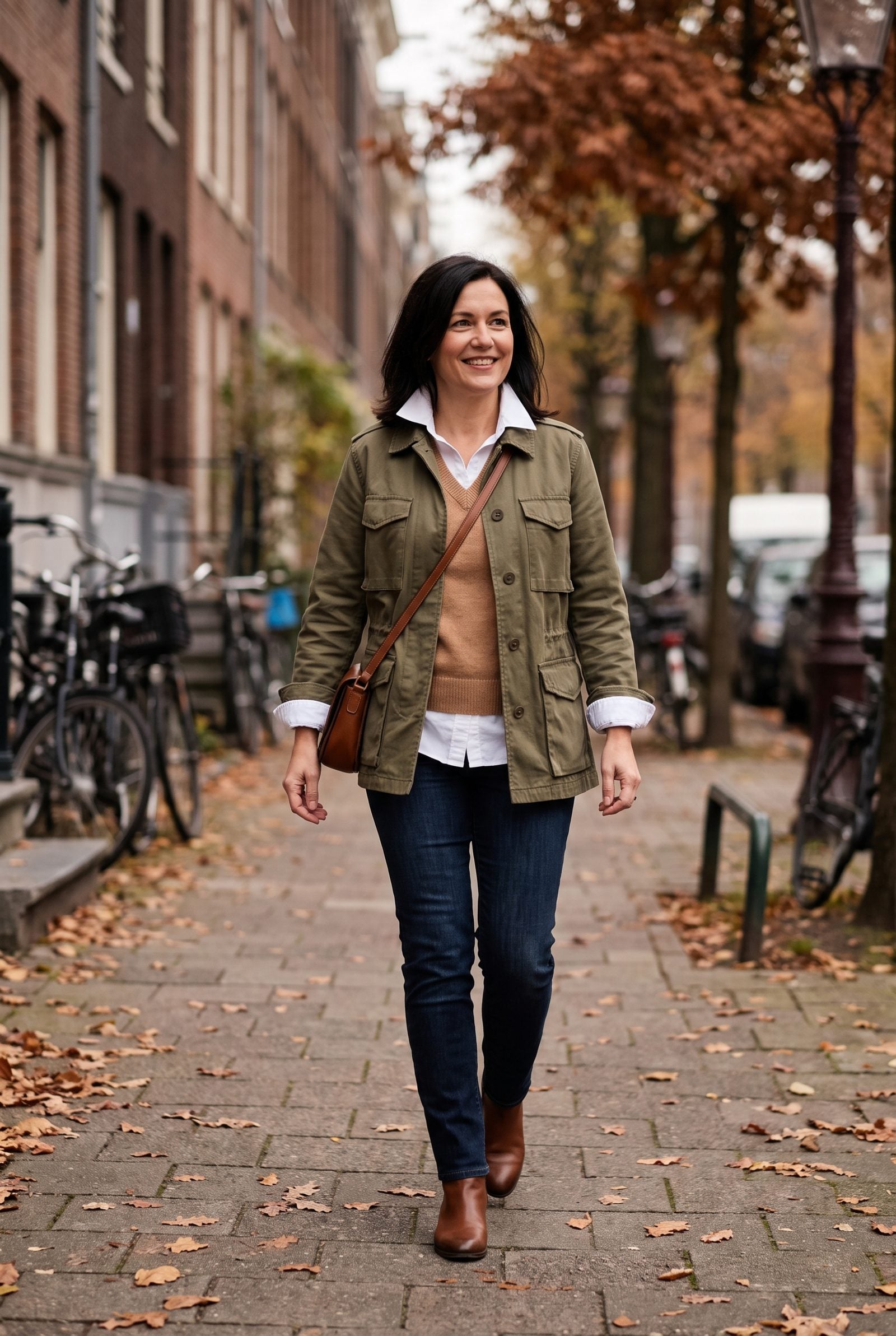 White Oxford Shirt + Camel Sweater Vest + Olive Field Jacket