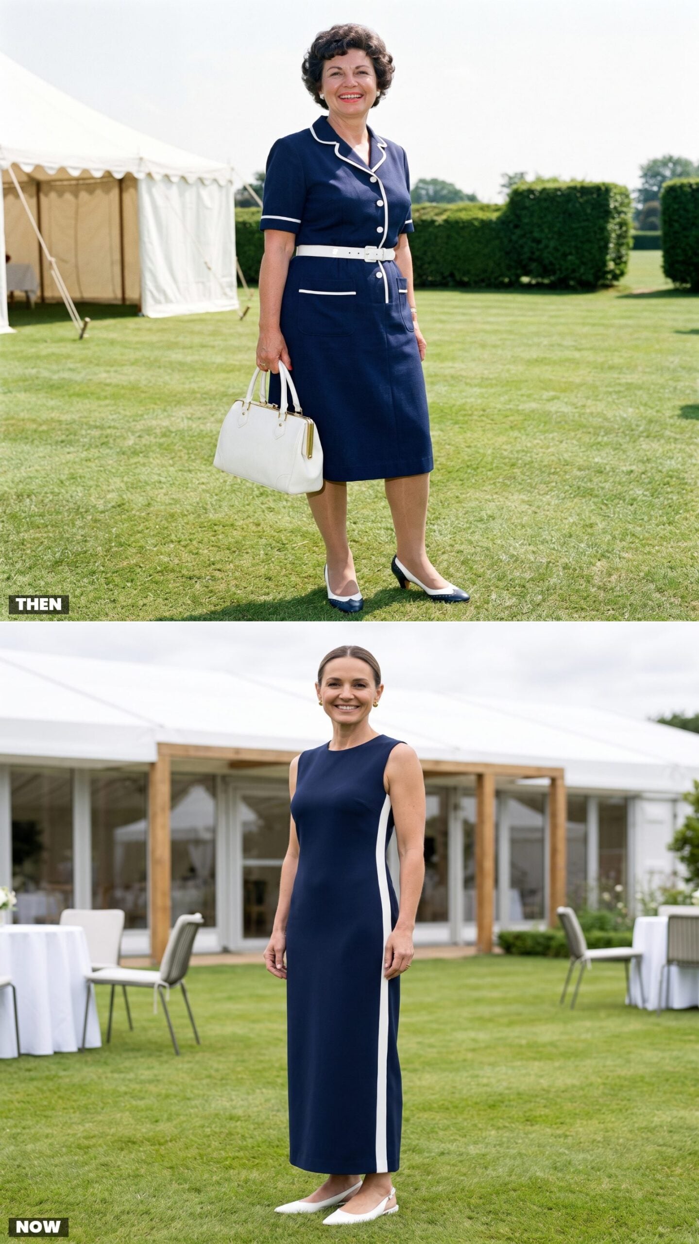 The White-Piped Navy Dress vs. a Modern Graphic-Trim Column