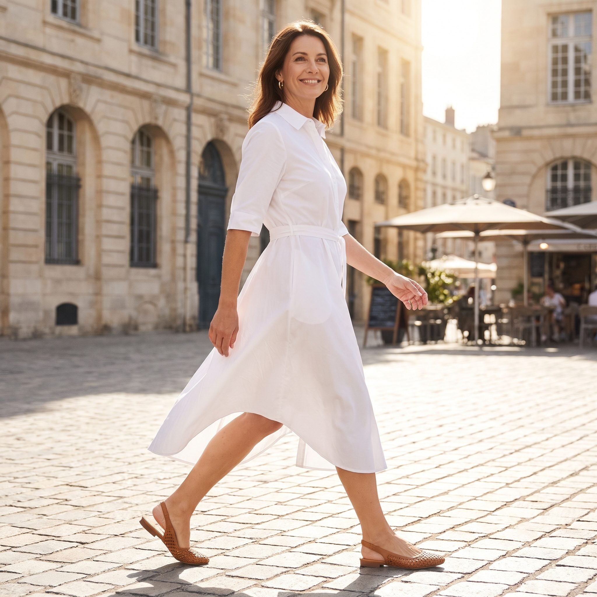 White Poplin Shirtdress with a Sweeping Shirttail Hem