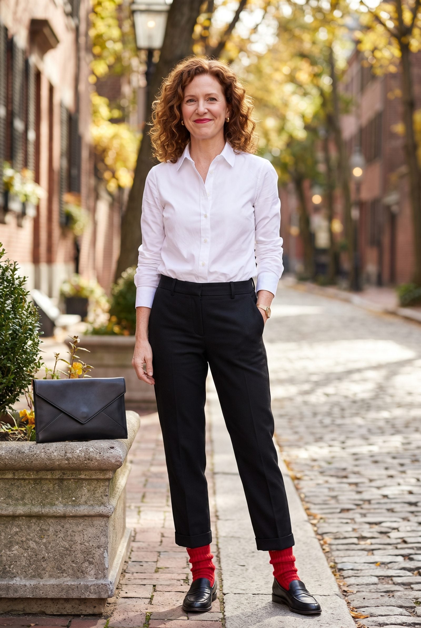 White Shirt and Black Trousers with Red Socks