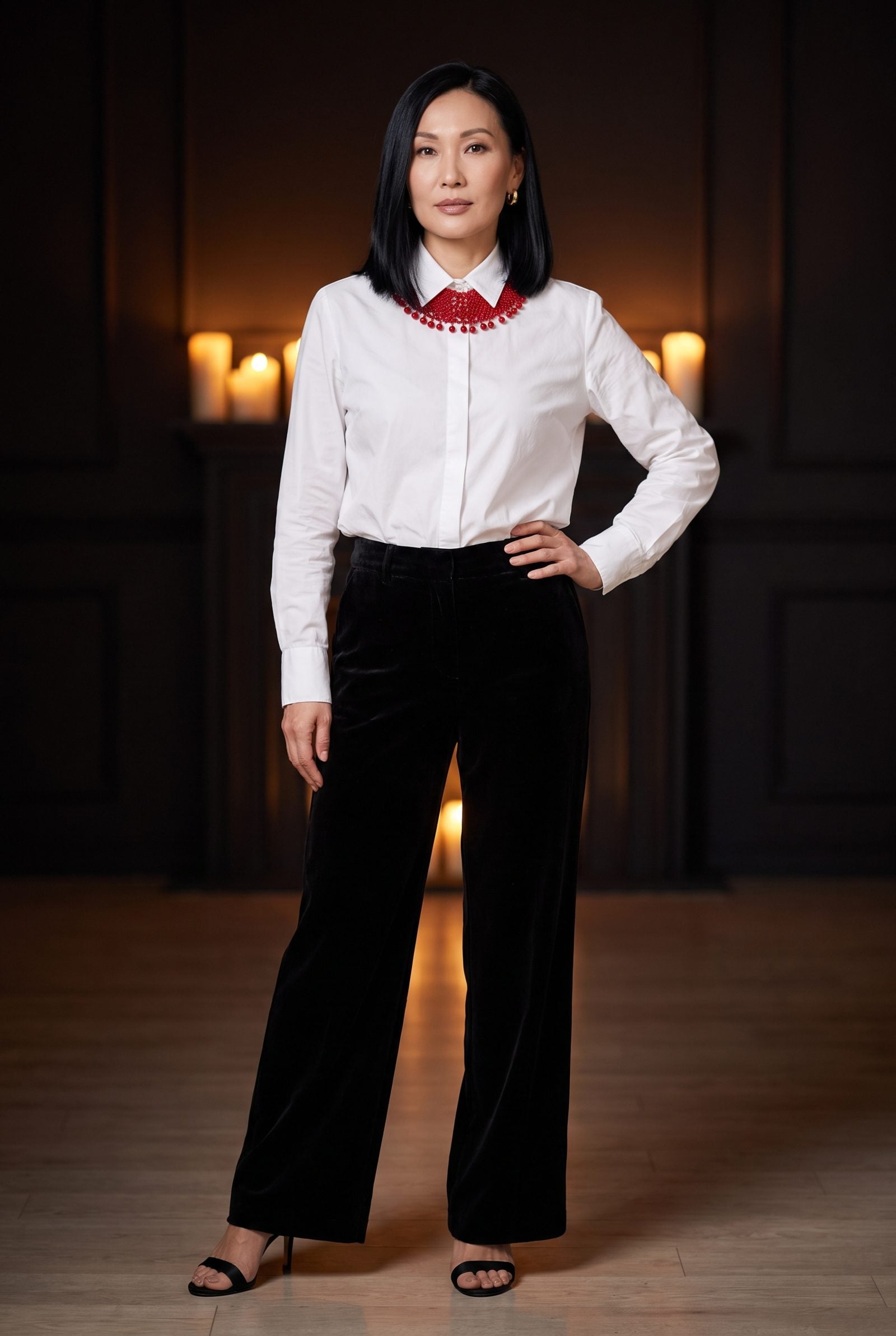 White Shirt and Velvet Pants With a Red Collar Necklace