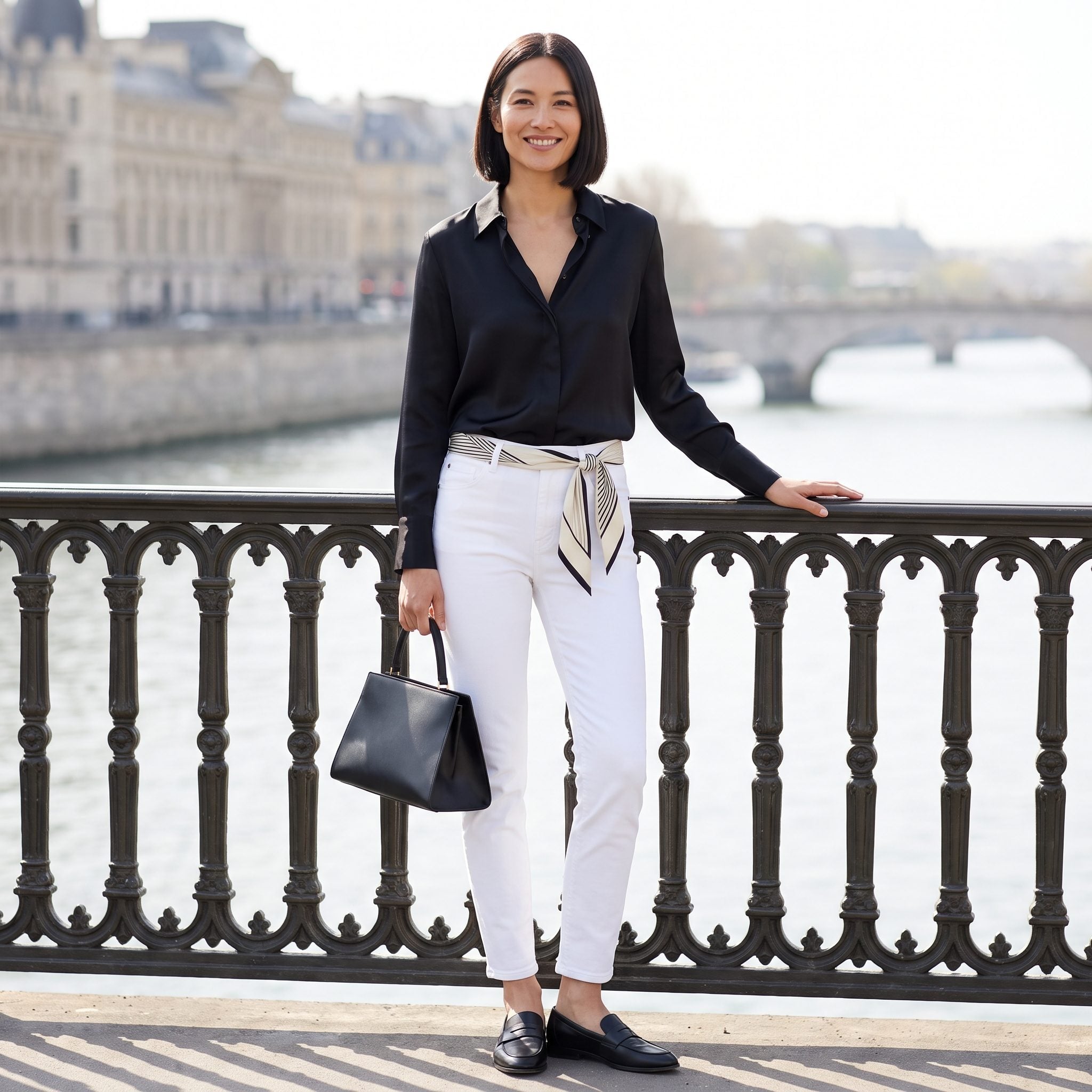 White Slim Jeans + a Black Silk Shirt and Waist Scarf