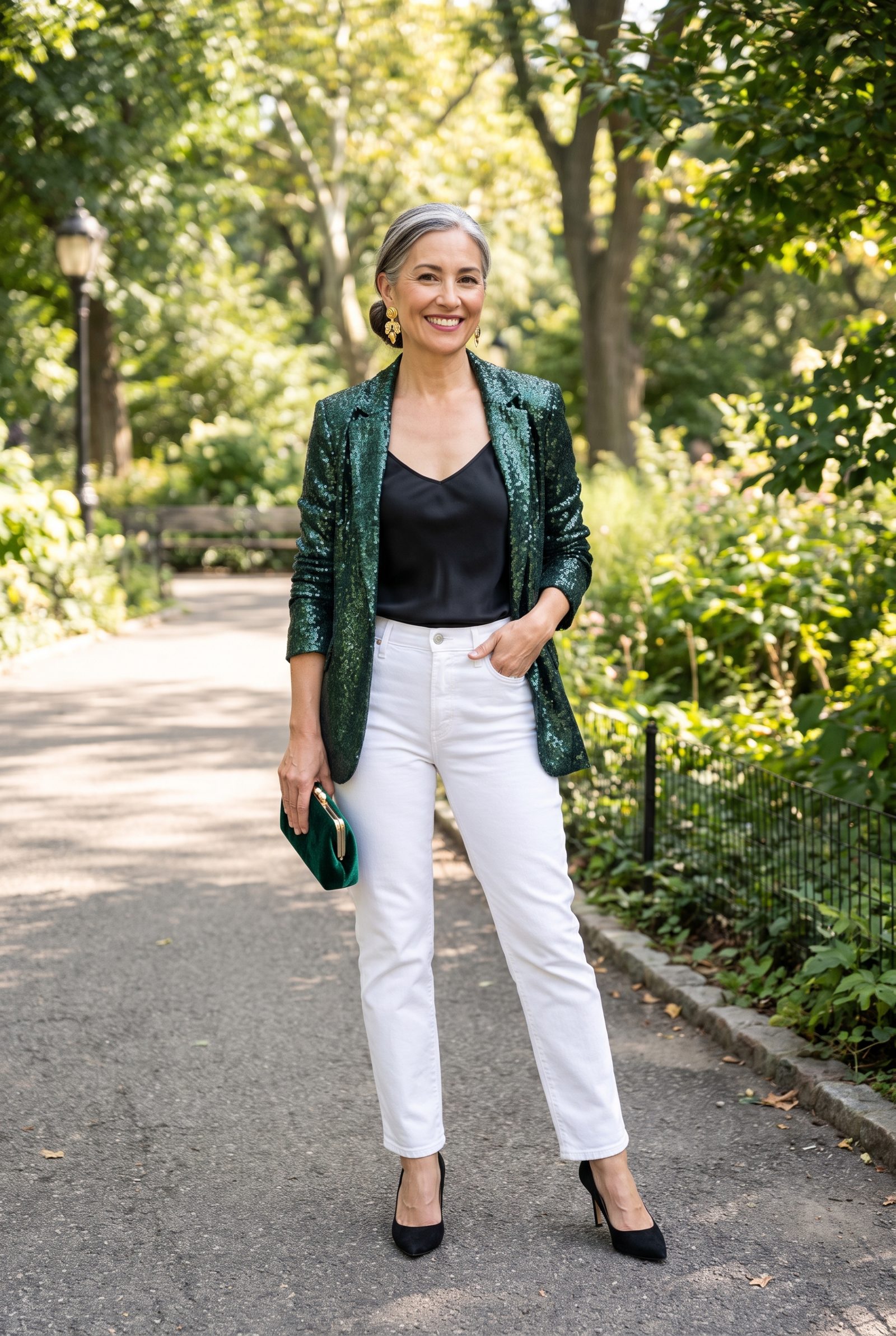 White Straight-Leg Jeans With a Deep-Green Sequin Blazer
