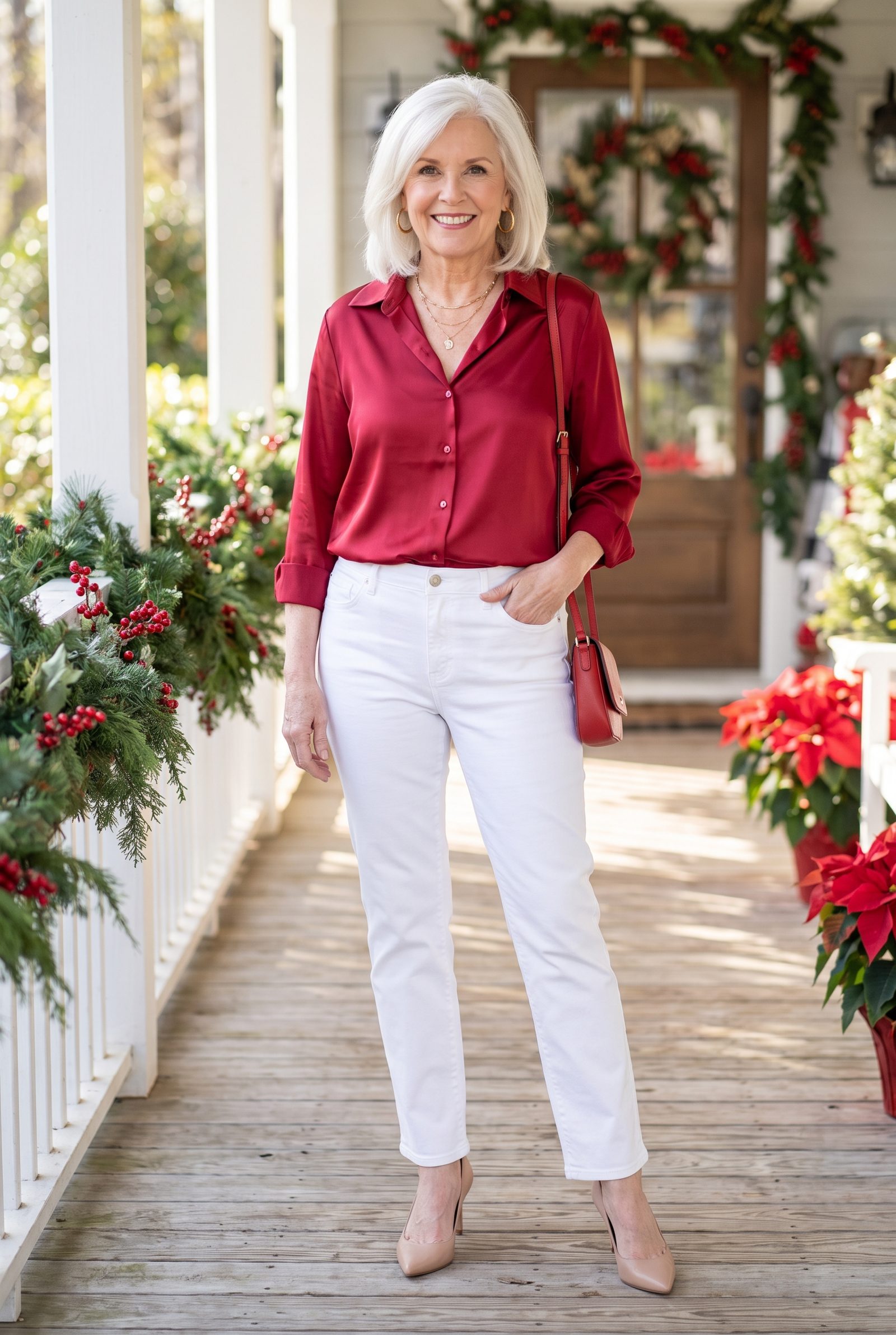 White Straight-Leg Jeans With a Red Satin Shirt