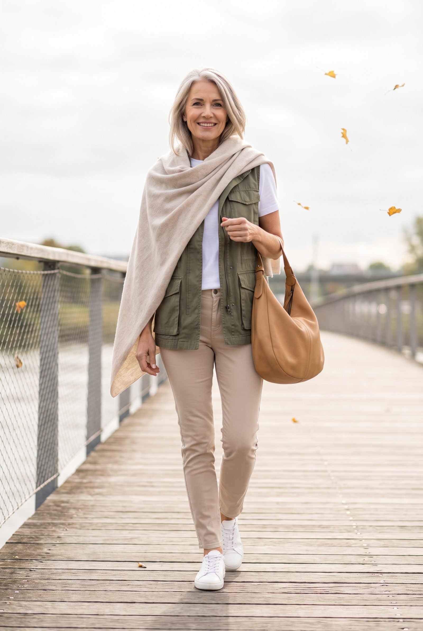 White Tee + Cashmere Wrap + Olive Cargo Vest