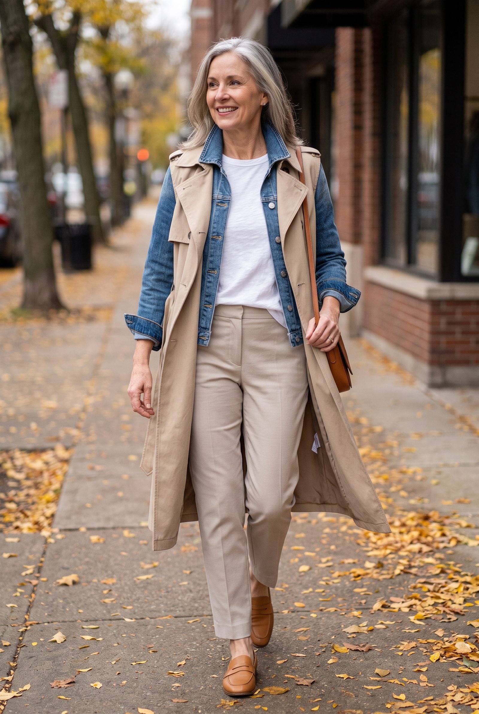 White Tee + Denim Jacket + Sleeveless Trench