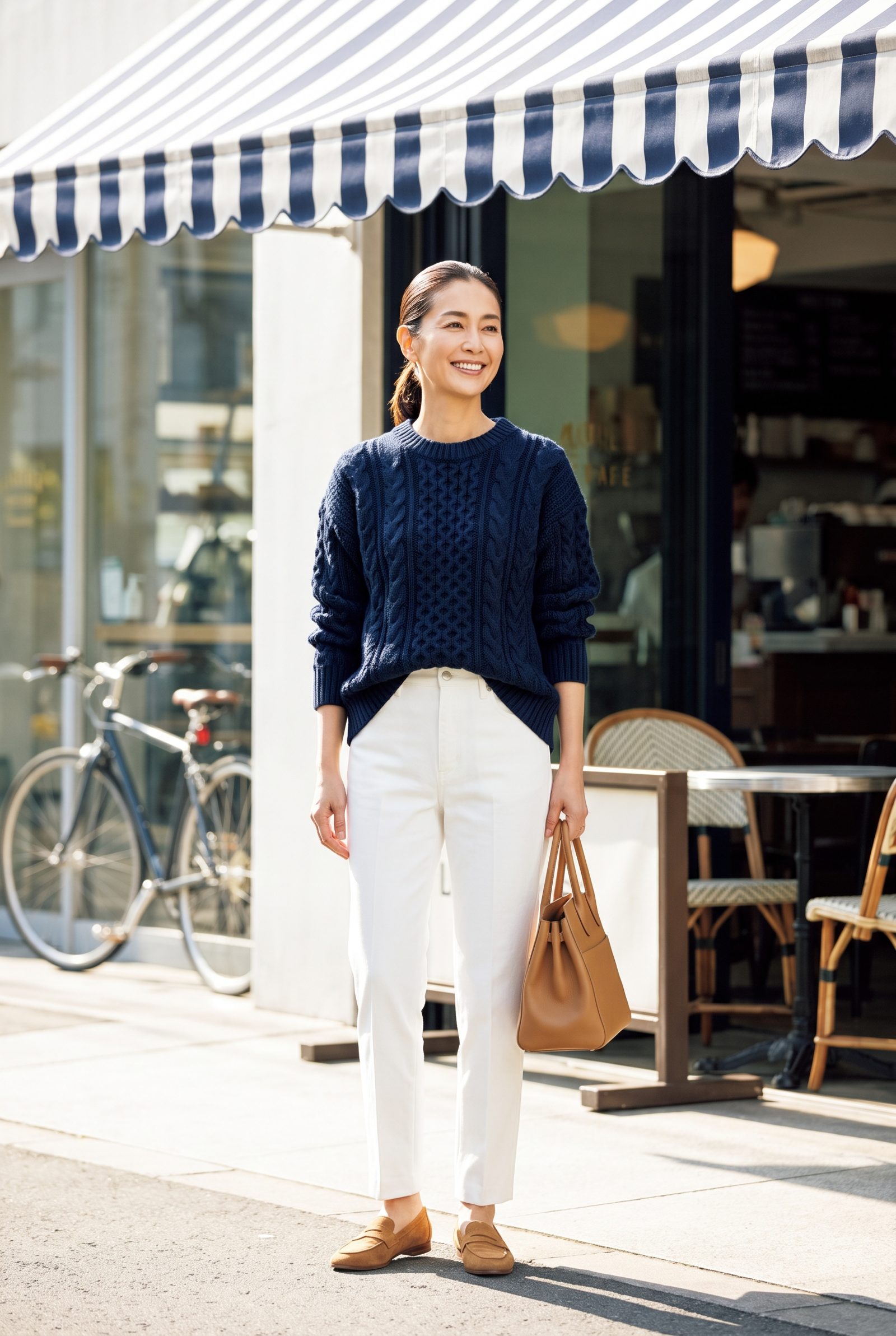 White Trouser Jeans + Navy Fisherman Knit