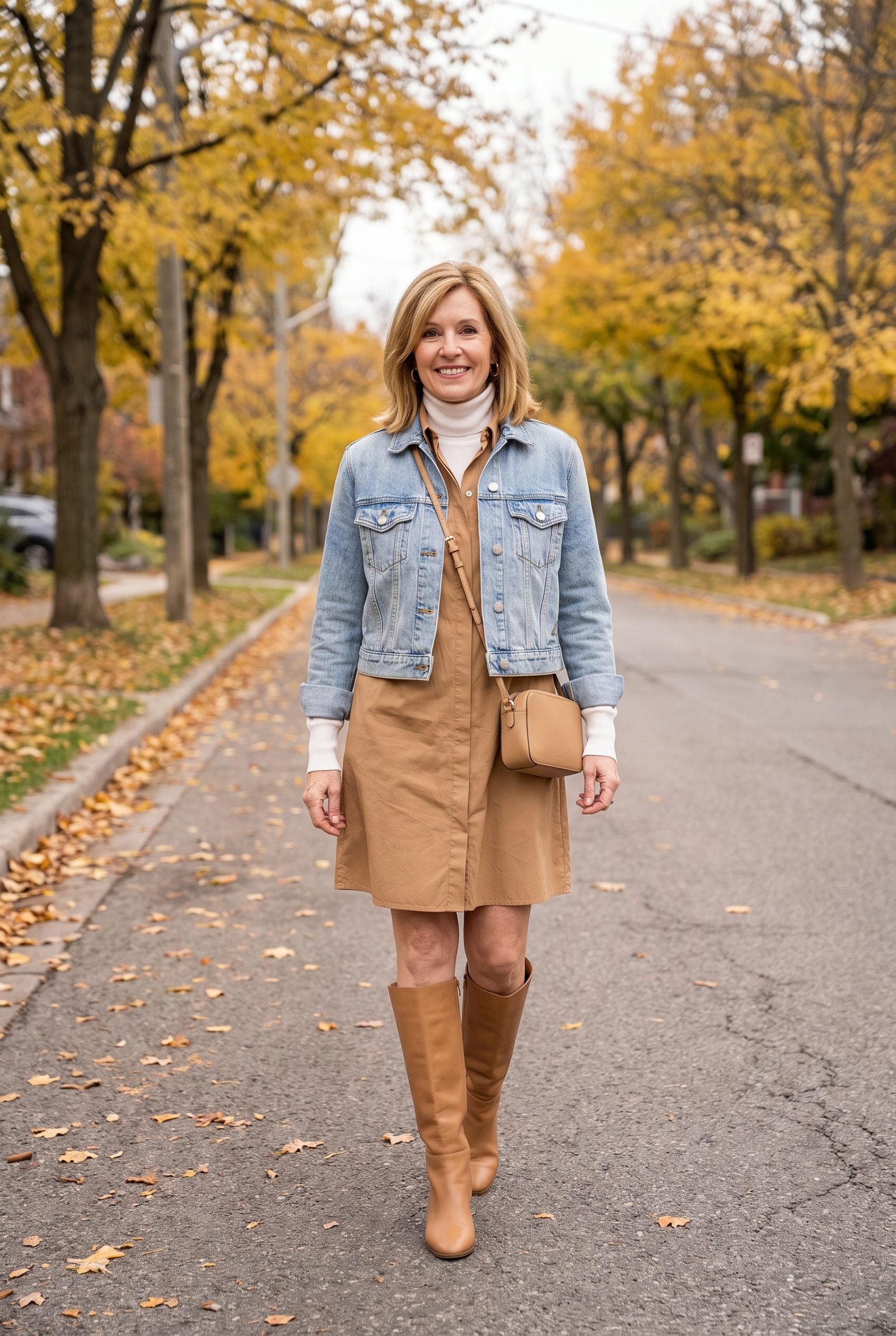 White Turtleneck + Shirt Dress + Cropped Denim Jacket