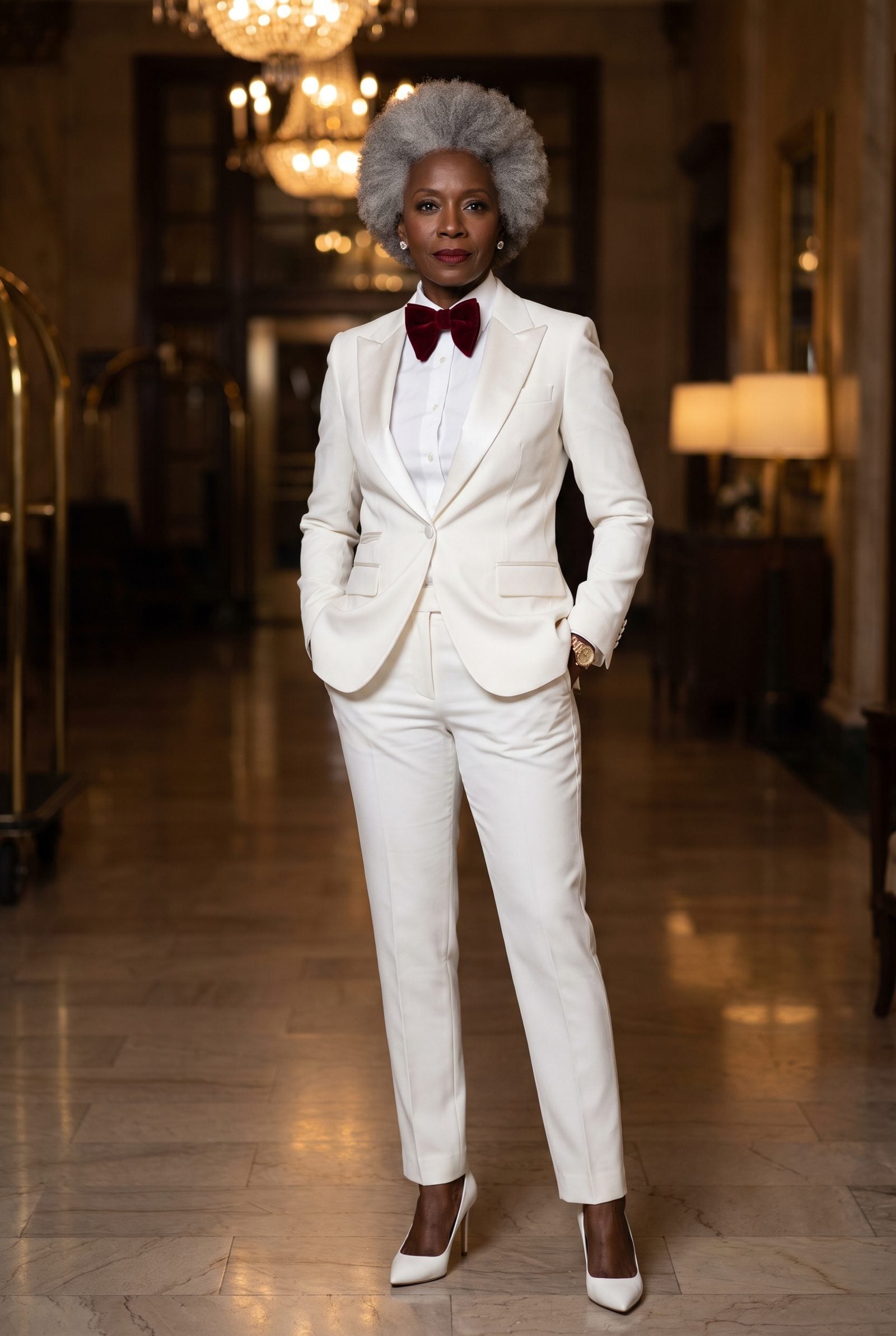 White Tuxedo With a Red Velvet Bow Tie
