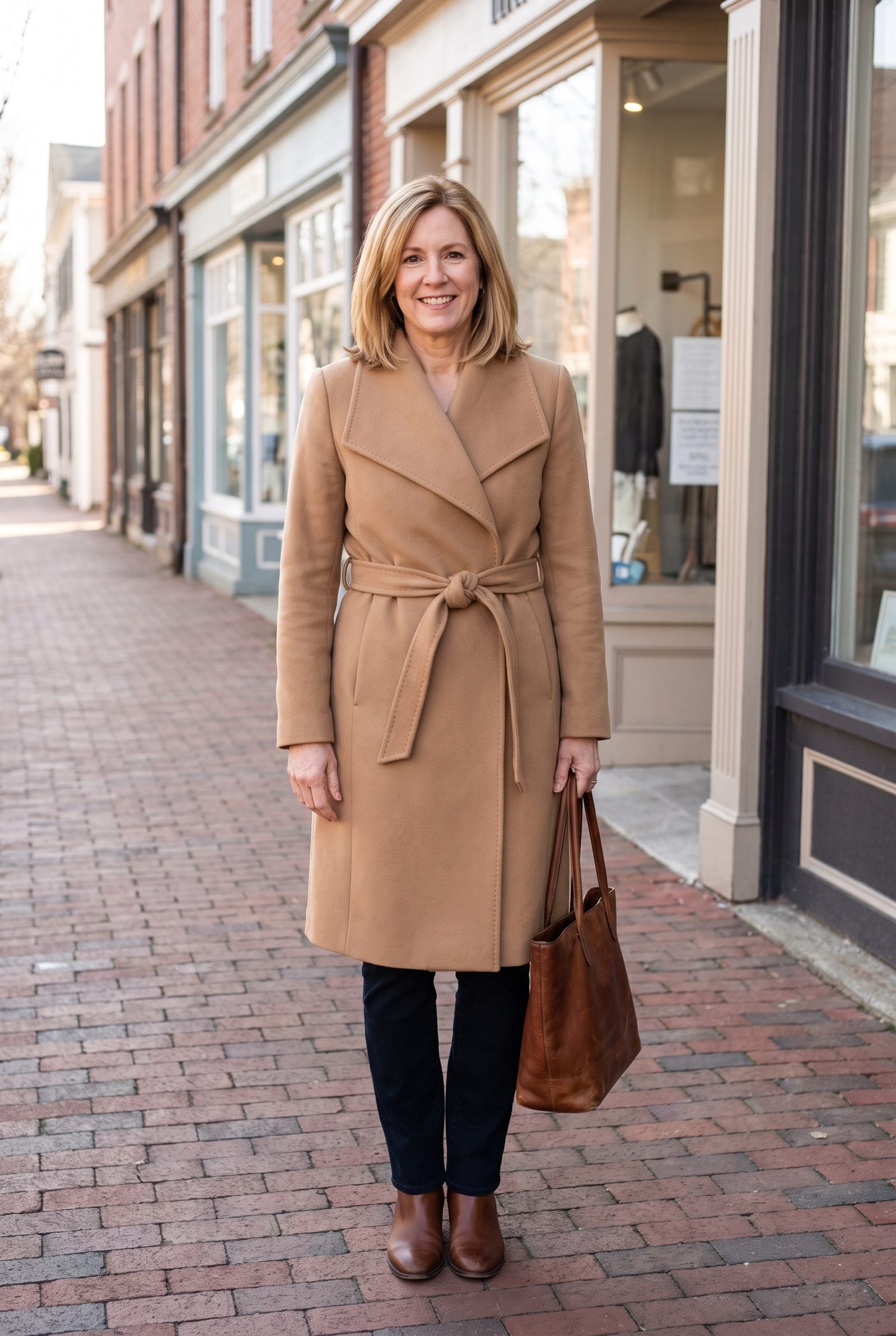 Woman outdoors in a knee-length camel wool wrap coat with the self-belt knotted at the waist.