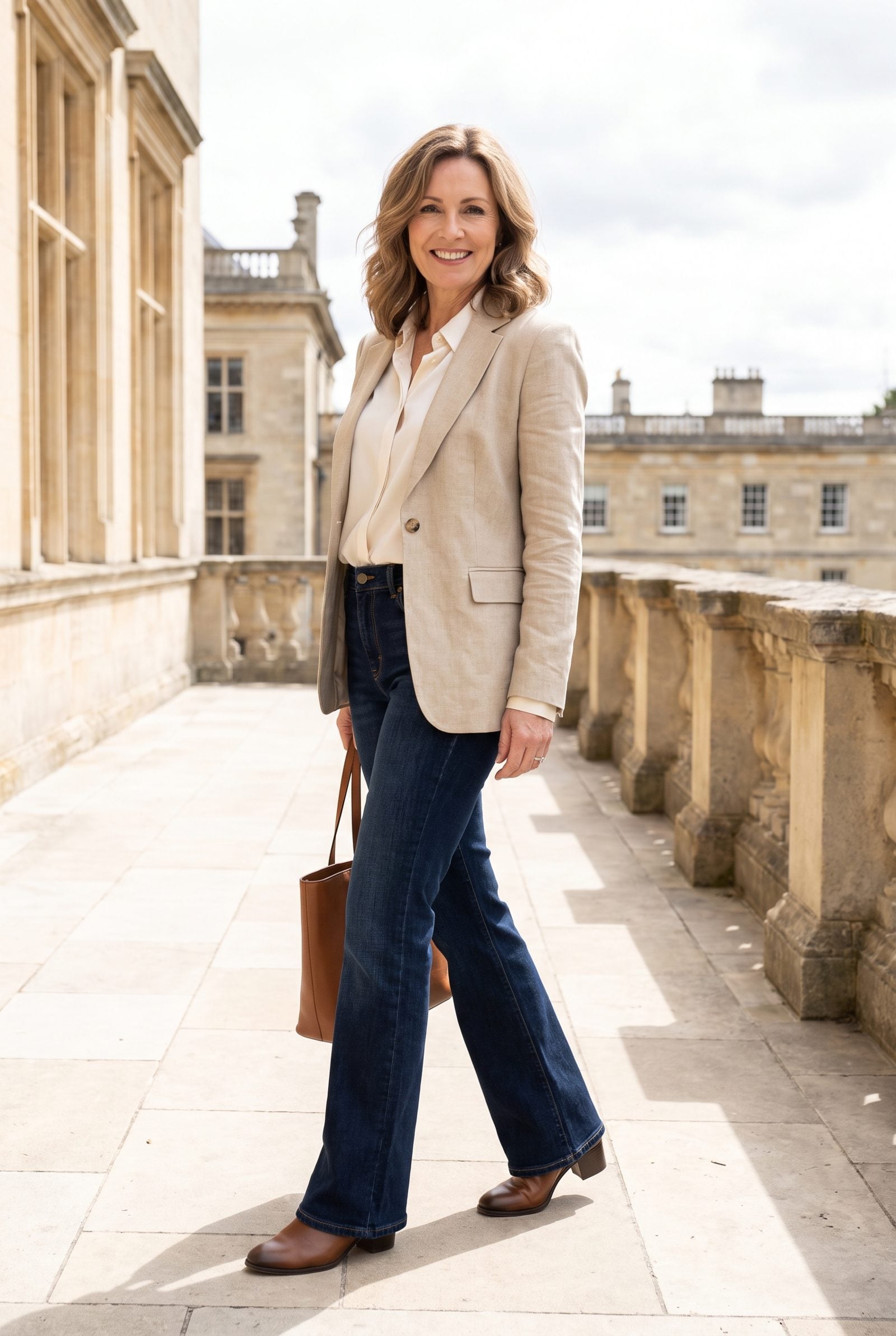 Woman on a garden path wearing dark-wash bootcut jeans flaring over a brown heeled ankle boot, with a tucked rust sweater.