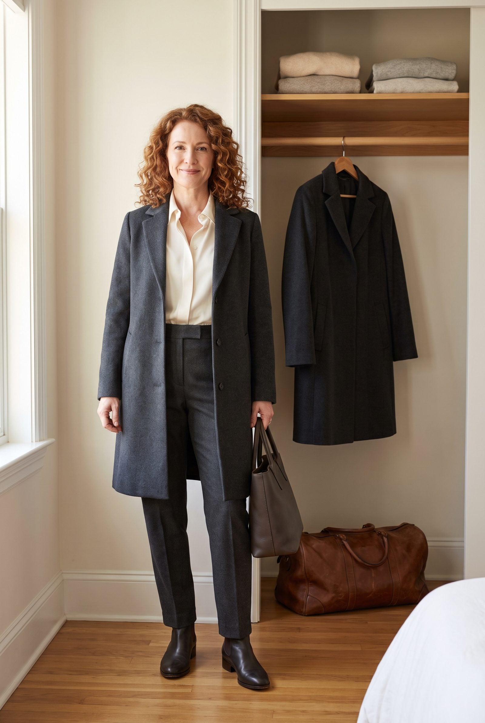 Closet with one charcoal cashmere knee-length coat with no visible logo hanging centered on a wooden hanger.