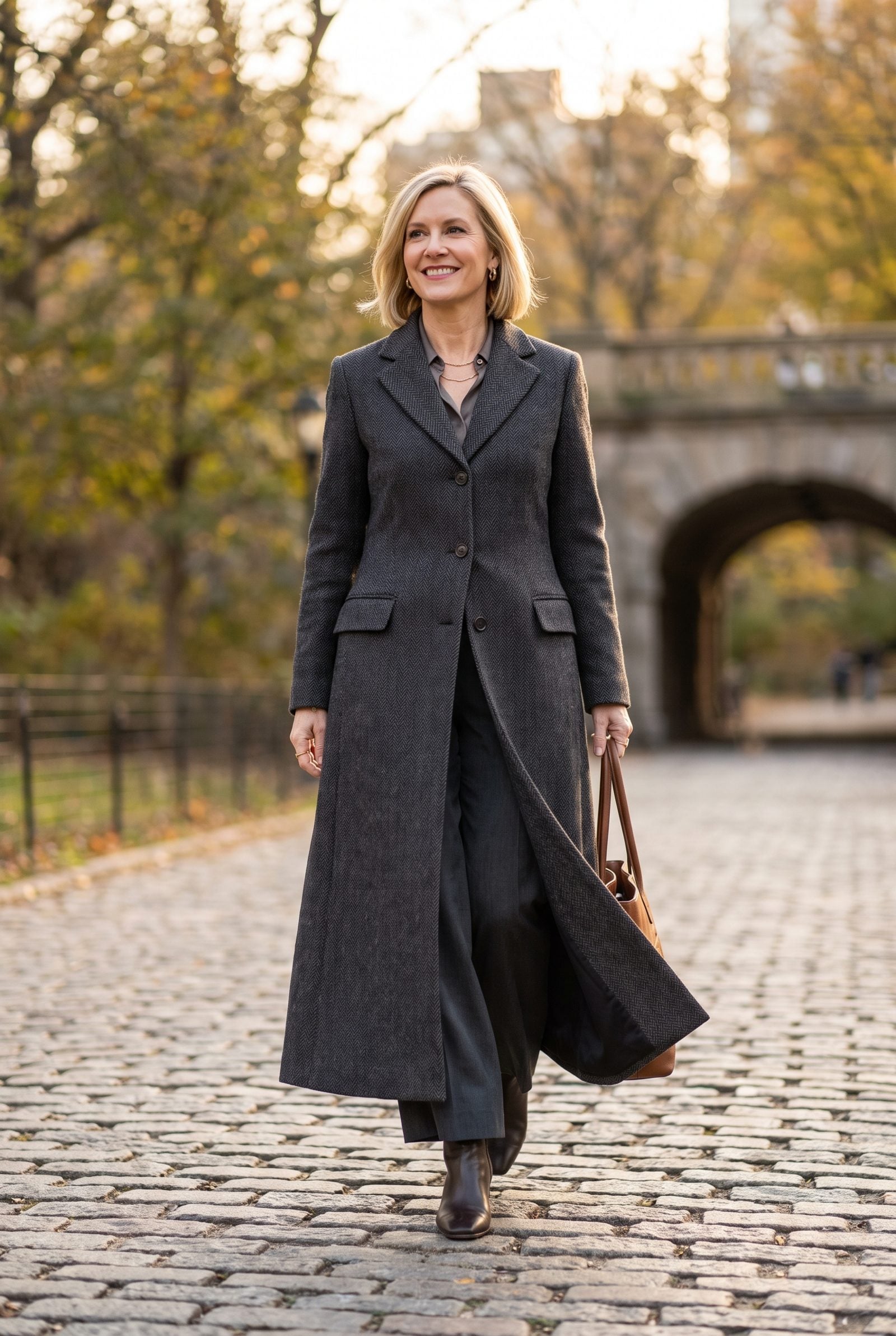 Closet rail with one floor-length charcoal wool coat hanging among shorter garments.