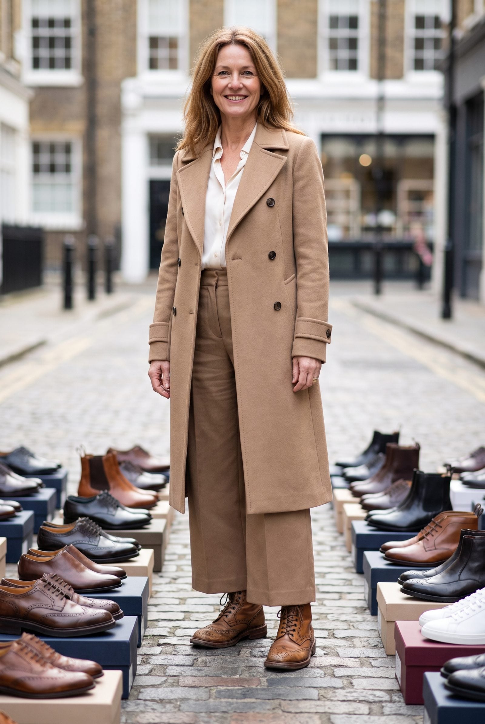 Two-tier bedroom shoe rack holding nine near-new pairs with one creased, heel-worn pair of tan leather ankle boots in the