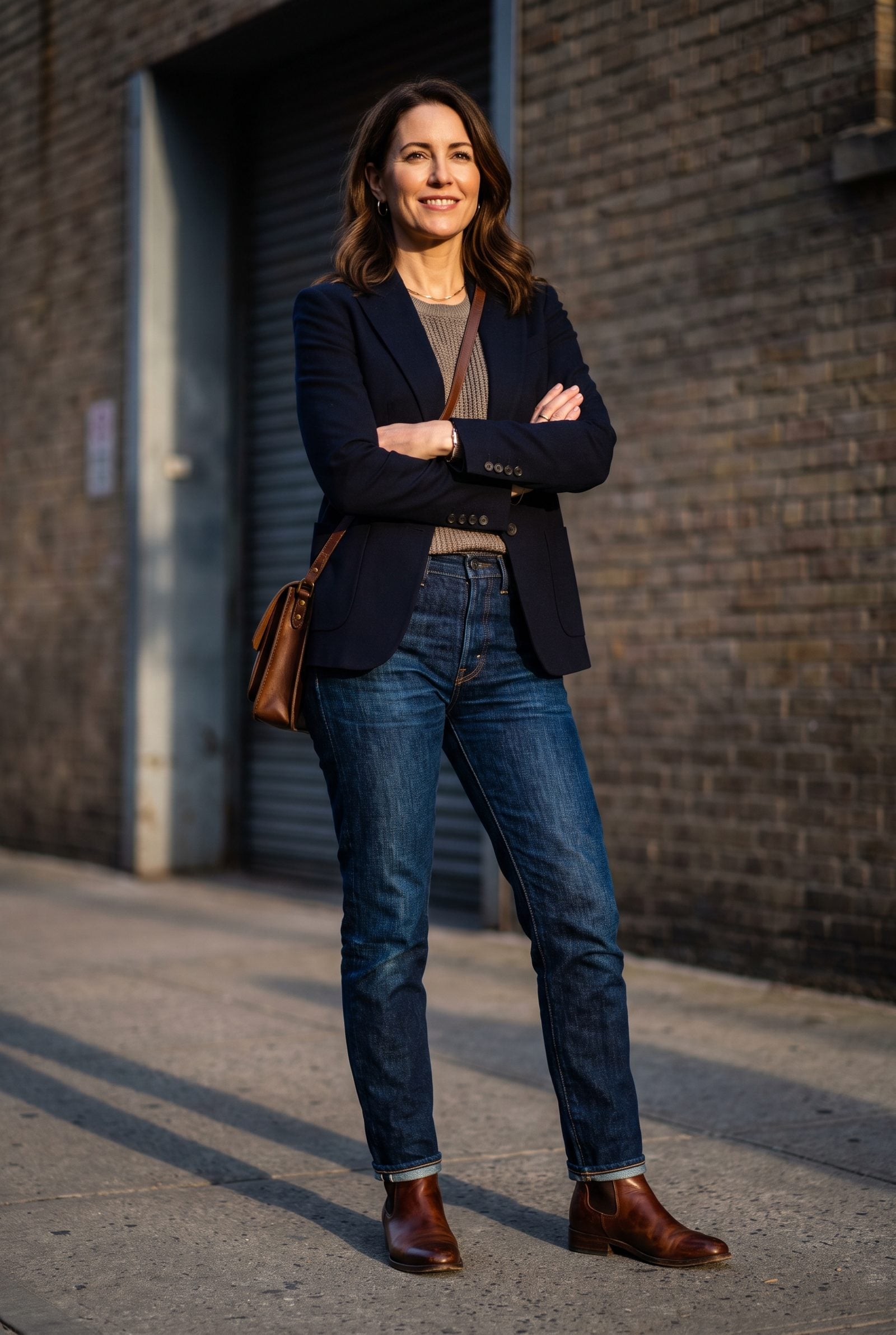 Pair of raw dark-indigo jeans on a wooden hanger showing uniform deep blue color and orange outseam topstitching.