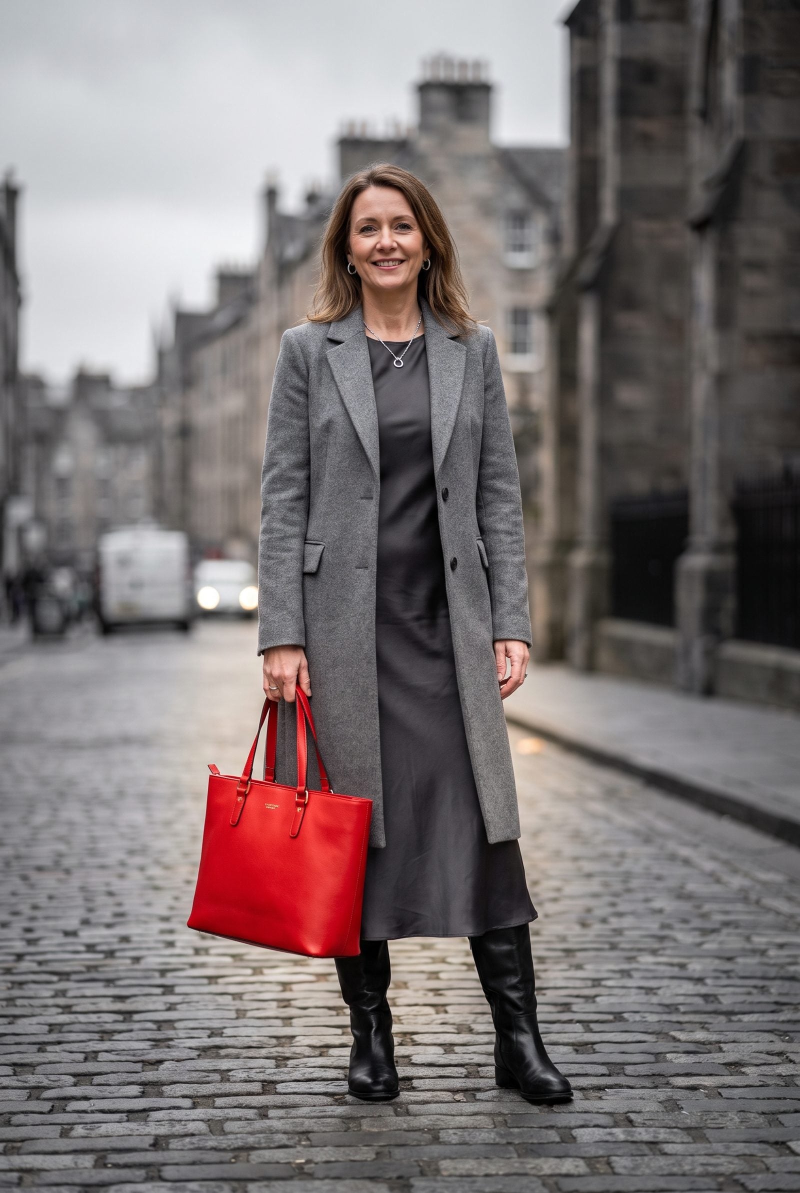 Entryway hook holding one bright red structured leather handbag with a gold turn-lock clasp beside a gray coat.