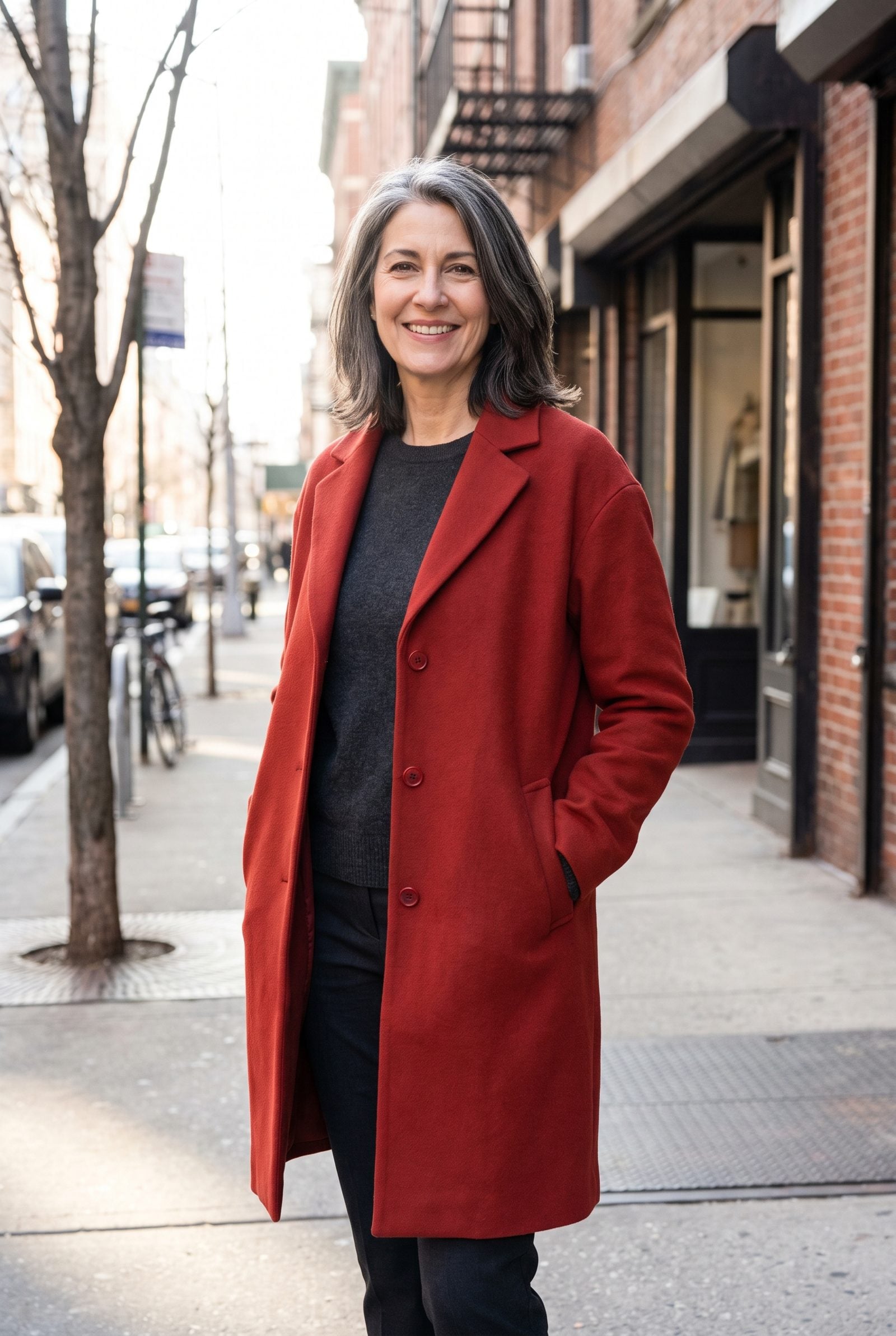 Woman in a knee-length red wool coat standing on a sidewalk, coat open over a charcoal sweater.